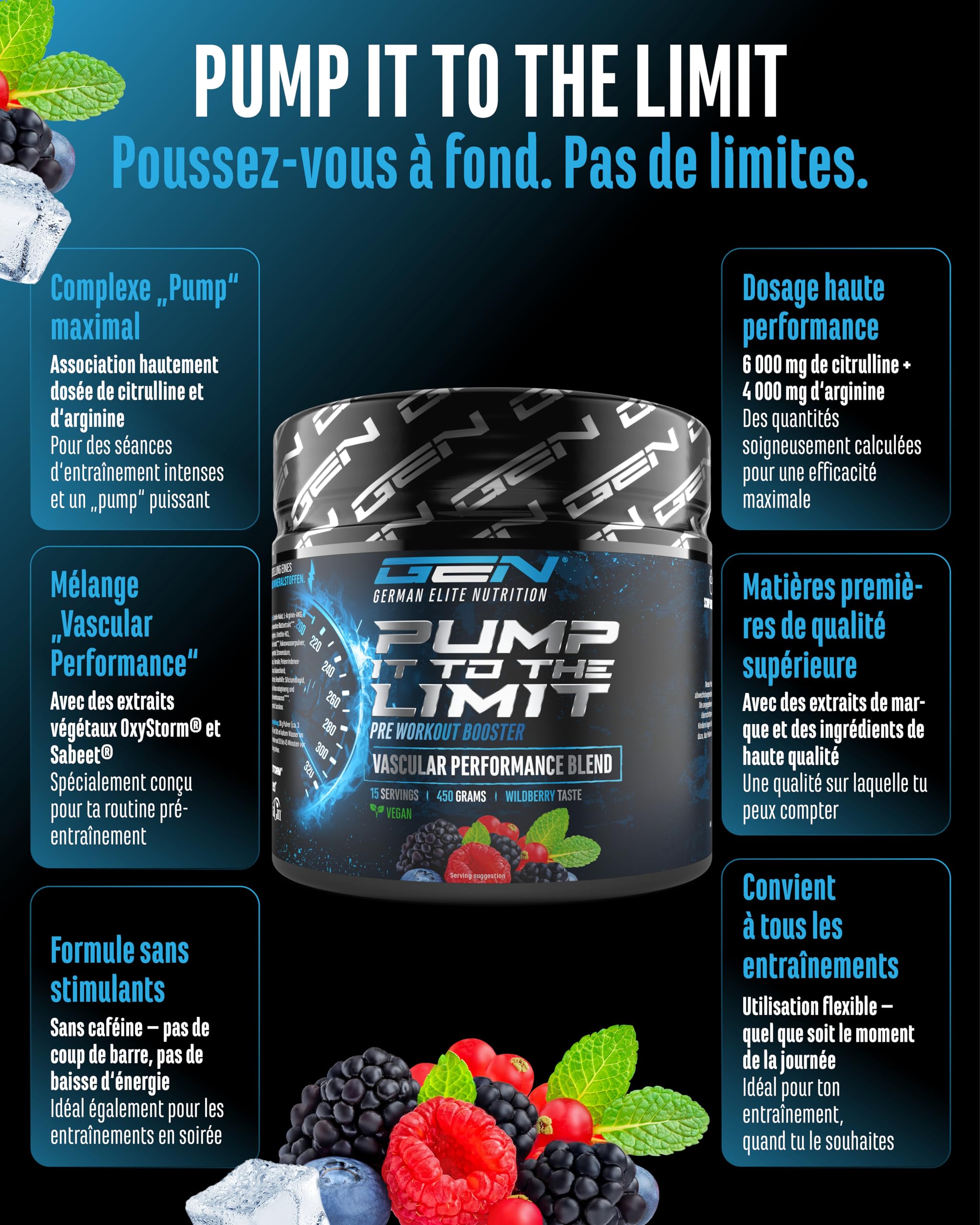 Pump it to the Limit - Pump Booster Sans Caféine - Avec OxyStorm®, Sabeet®, AstraGin®, Citrulline Malate & AAKG - Pre Workout Sans Stimulants pour un Pump Maximal - 450 g Wildberry