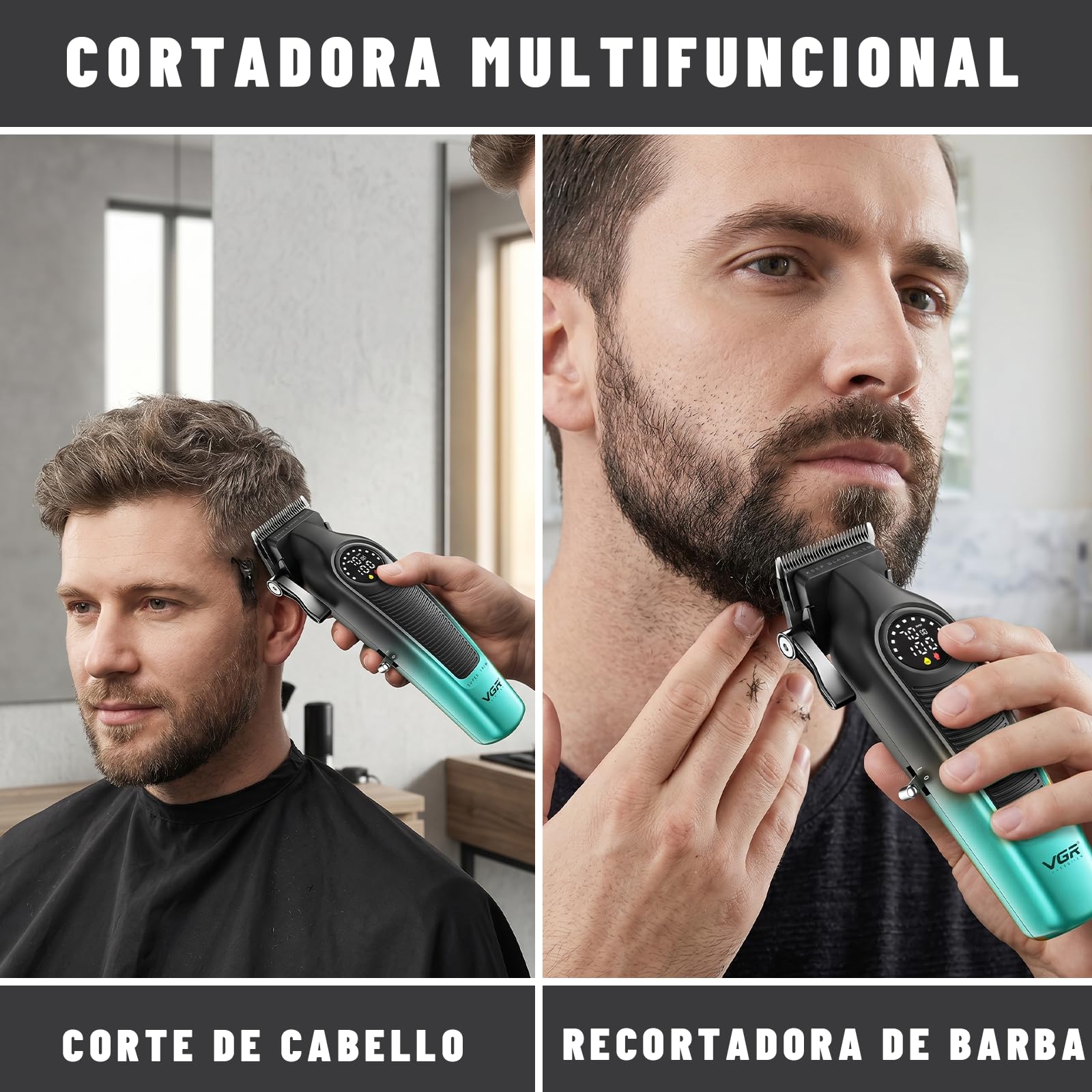 VGR 196 Maquina Cortar Pelo Profesional con Cuchillas de Cerámica, Verde | Maquina Cortar Pelo Hombre Inalámbrica con Palanca de Ajuste, Cortapelos Hombre Profesional con 6 Peines Guía, Pantalla LED