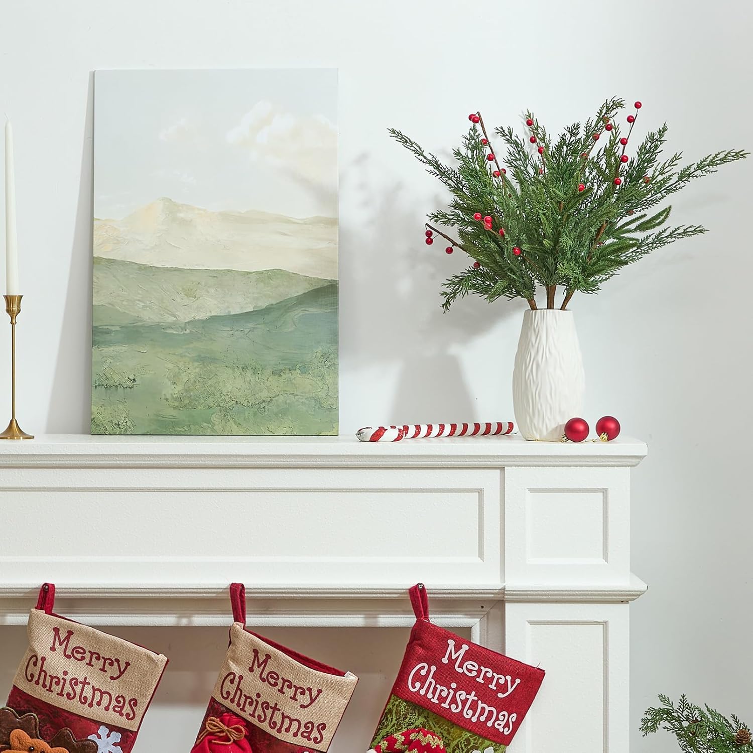Heleze 22.8 Inch Christmas Greenery Stems - Artificial Pine Branches, Faux Cedar Cypress Norfolk Pine Picks with Red Berries for Vase Xmas Decor 3 Pcs