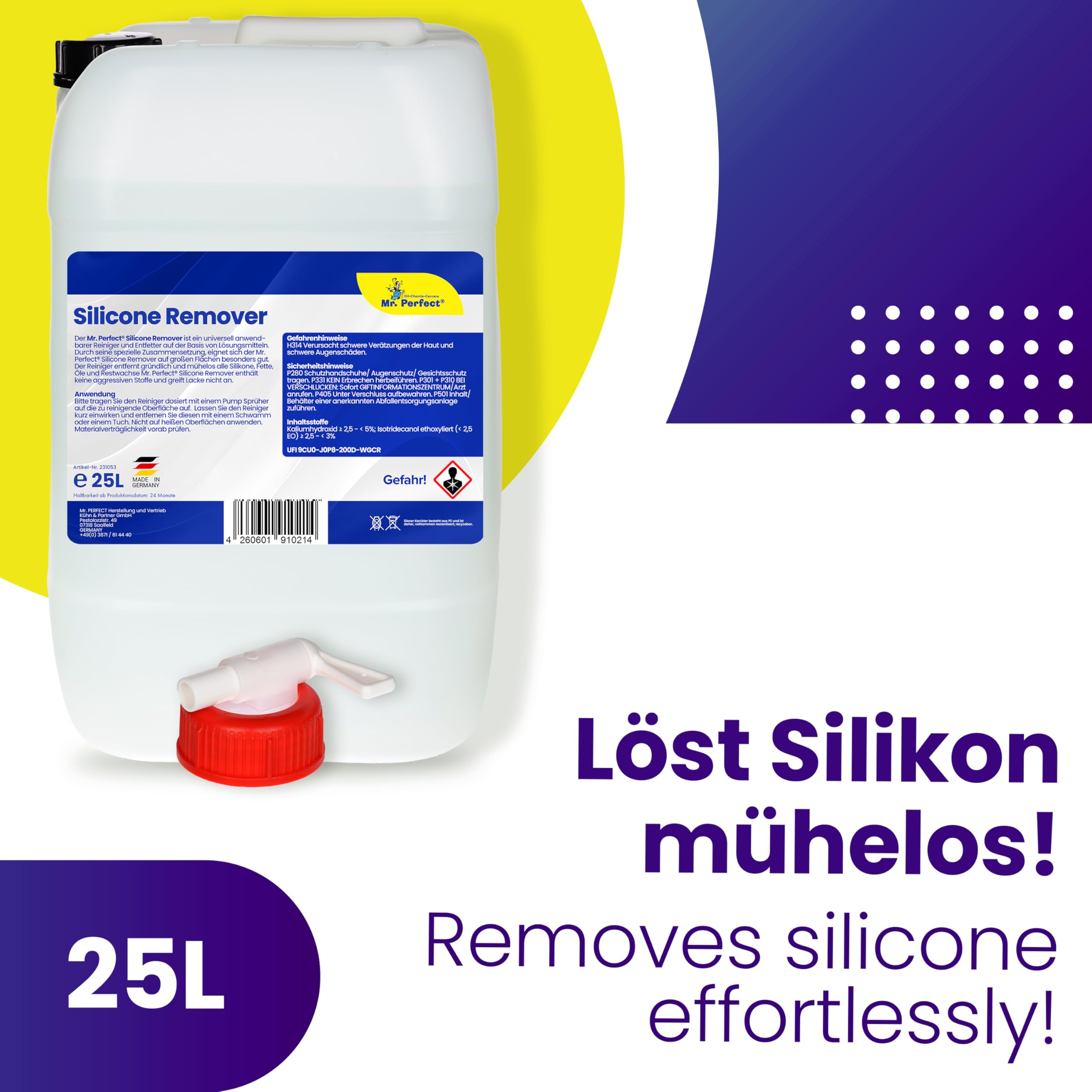 Mr. Perfect® - Silikonentferner 25l | Wachsentferner für Autolack| Der Silikonreiniger entfernt mühelos Fette, Öle & Silikon | Effektive Reinigung | Mit praktischem Dosierhahn