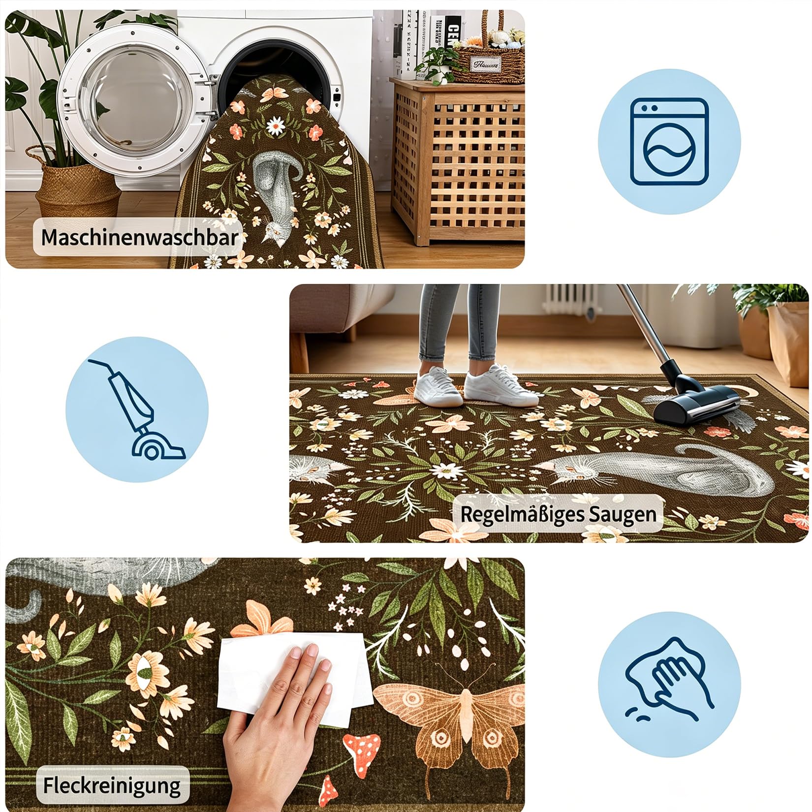 FairyStyle Waschbarer Katzenteppich 120x170cm, Braun Flor Tierteppich | Kurzer, rutschfest Innenraumteppich, Faltbare, Fleckenabweisende, fürWohnzimmer Kinderzimmer Schlafzimmer