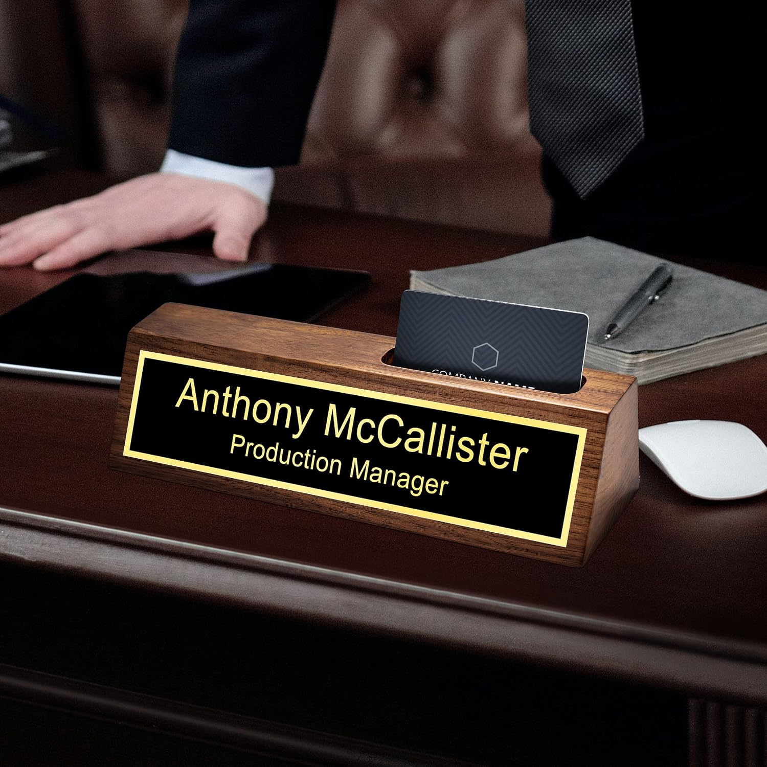 Custom Name Plate for Desk with Card Holder, Business Wood Desktop Name Holder Personalized, Office Desk Gold Decor Accessories, Gifts For Colleague Boss Man Husband