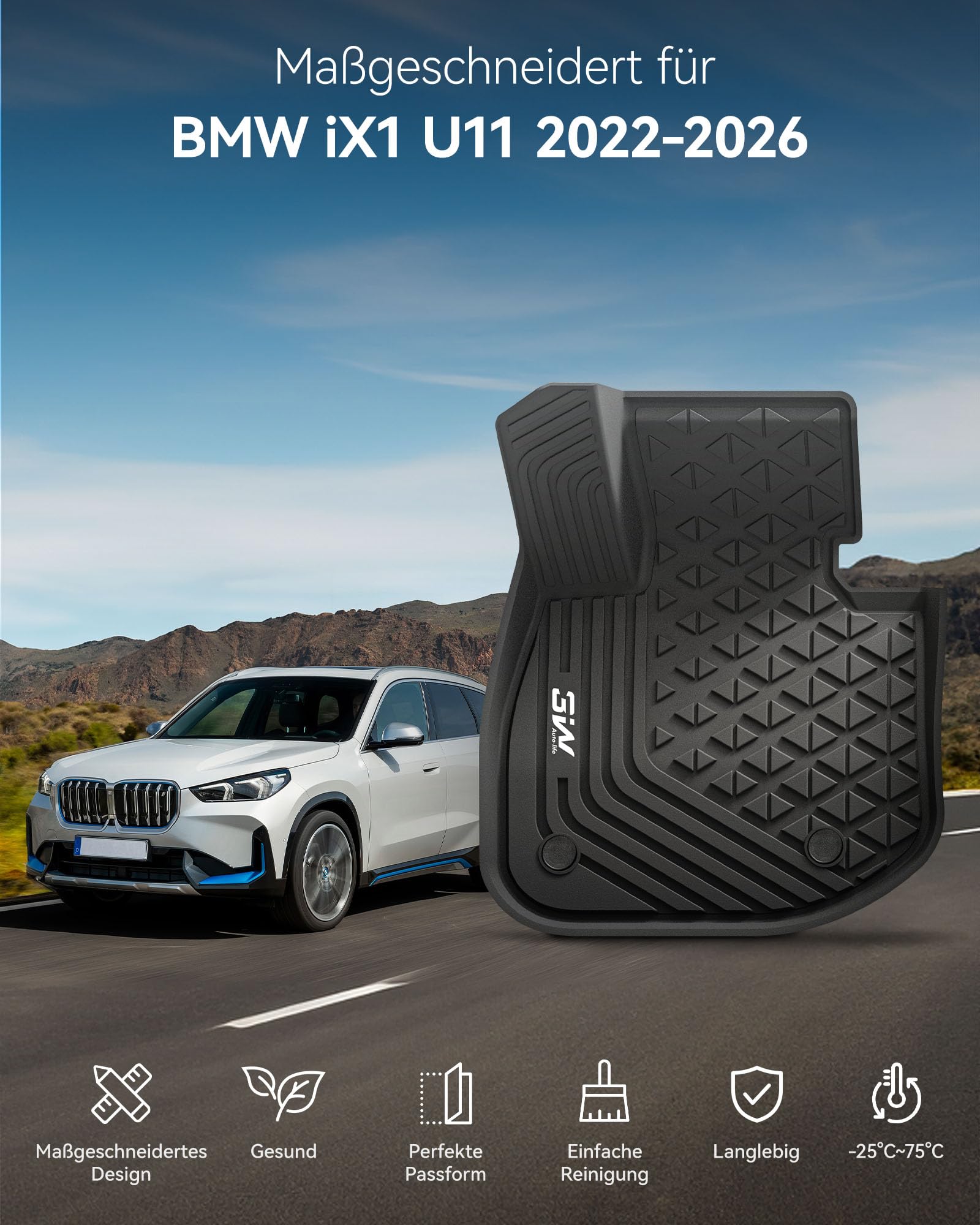 3W für BMW iX1 U11 BEV 2022-2026 Fußmatten & Kofferraumwanne | Für X1 xDrive25e Benzin-Hybrid | TPE Thorex™ Allwetter | 3D Maßgeschneiderte Passform | Hundefreundlich Zubehör | Wasserdicht