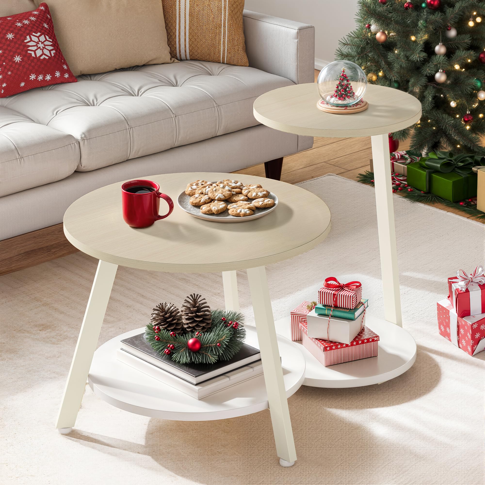 YITAHOME 2er Set Couchtisch Set Rund, Wohnzimmertisch mit Stauraum, Beistelltisch 2er Set Stapelbar mit Holzplatte und Metallrahmen, C-förmiger Beistelltisch, Couch Tisch Wohnzimmer, Eiche