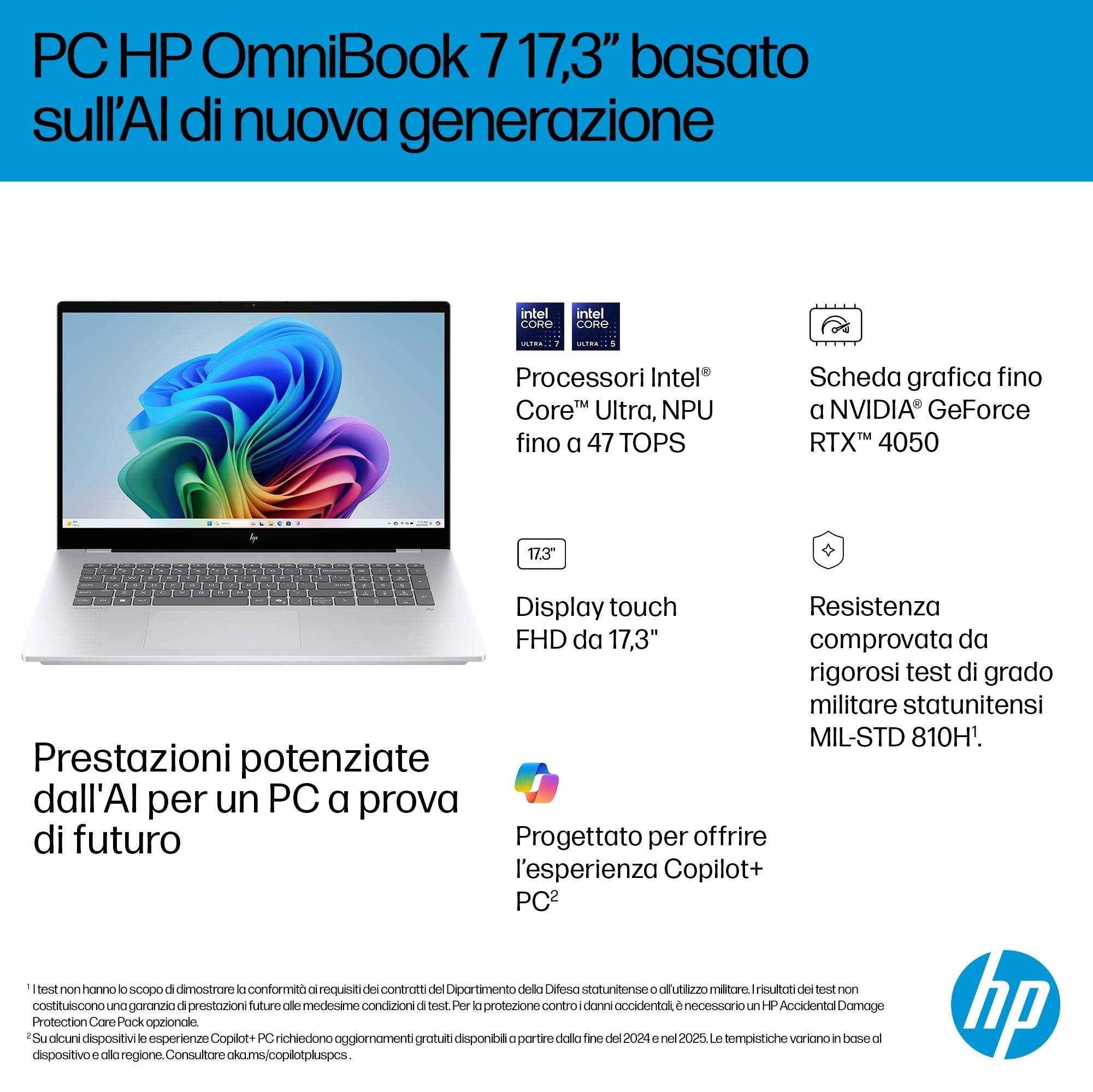 HP OmniBook 7 AI PC 17-dc0001slx, Convertibile, Copilot+ PC, Intel Core Ultra 7 258V, 32 GB RAM, 1 TB, Display 17,3" Touch FHD IPS 400 nits, Notebook, Windows 11, Laptop, Argento