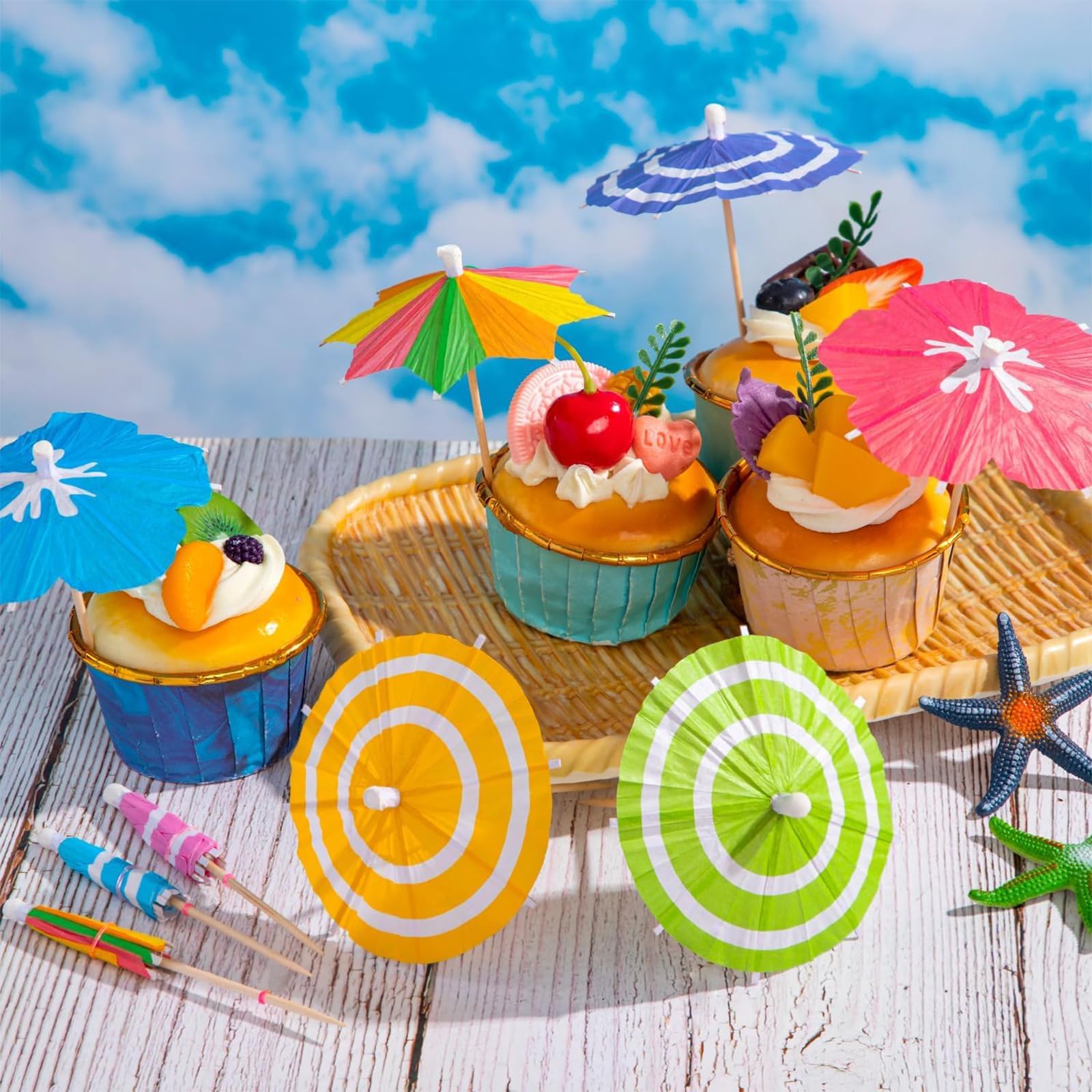 Auiremrti Parapluies à Cocktail - Lot De 100 - Papier Et Bois - Déco Fête Tropicale, Plage, Piscine