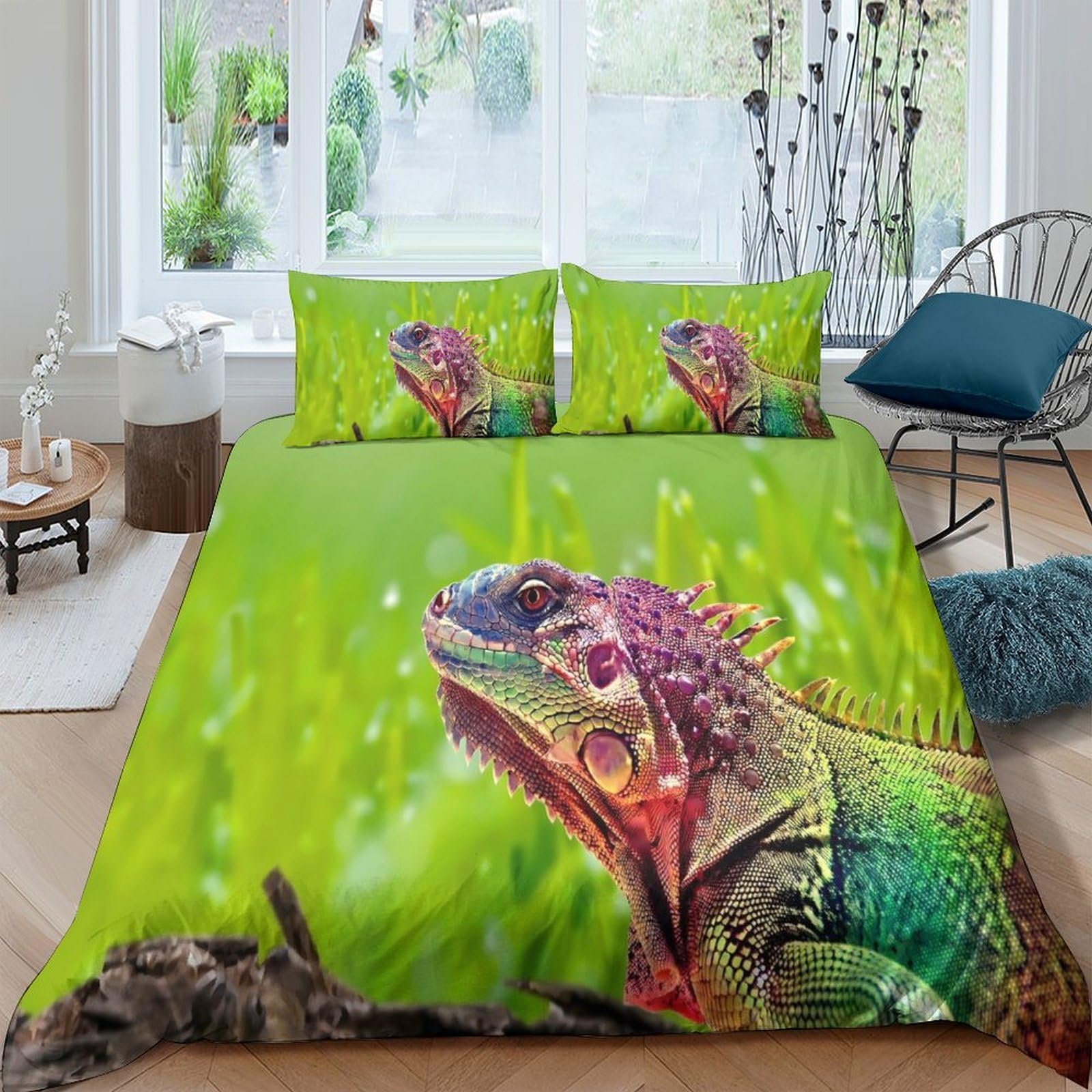 Ctjqhvkz Style-6 3D Printed Colorful Iguana Fitted Sheet Microfiber Soft Anti-Slip Green Forest Bed Cover For Bedroom Guest Room Decor Single（135X200cm）