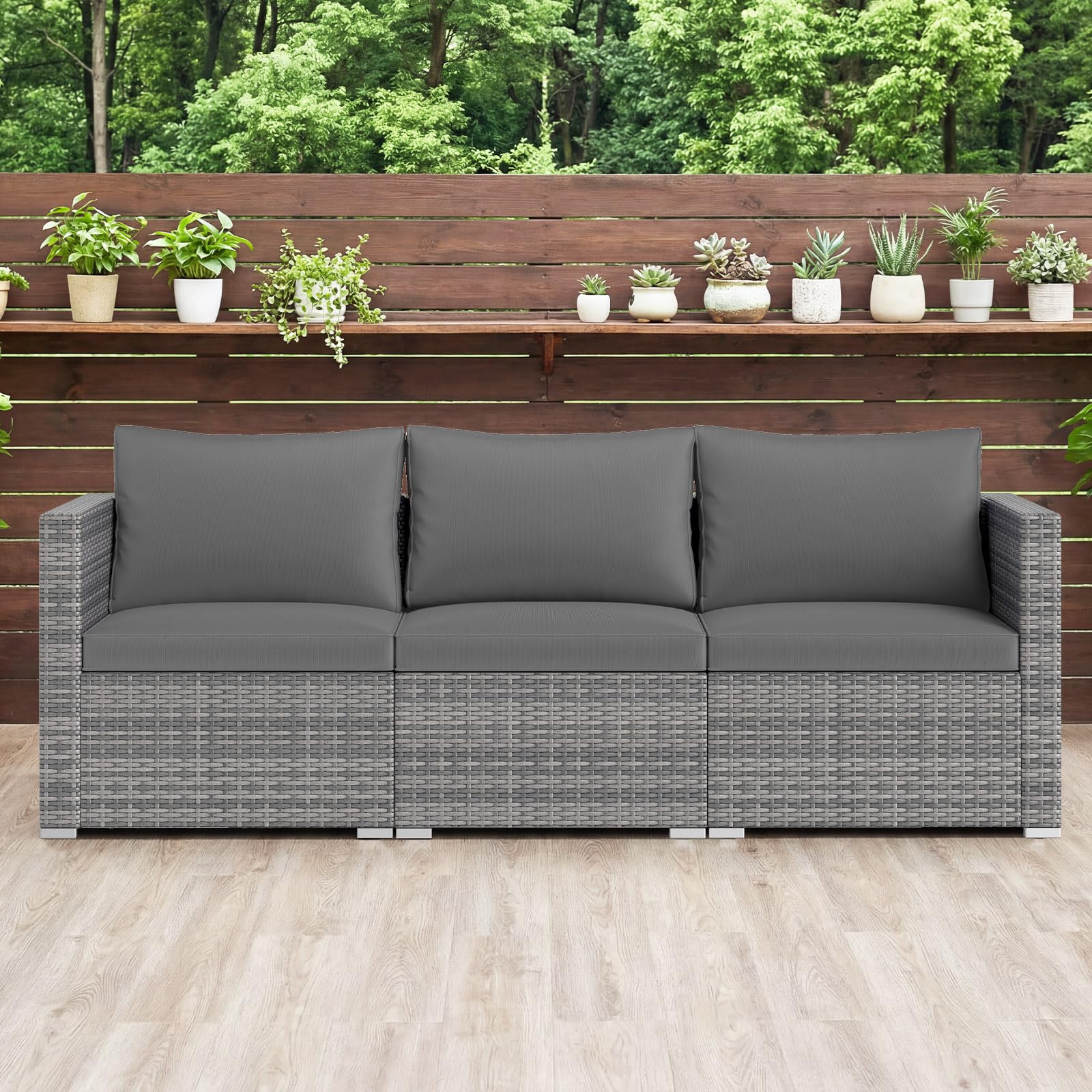 COSTWAY Gartensofa mit Kissen, 3-Sitzer Lounge Sofa, Rattan Lounge Möbel Outdoor, Gartenlounge, Gartenmöbel, Terrassenmöbel, Balkonmöbel, wetterfest, 193 x 67 x 61,5 cm (Grau)