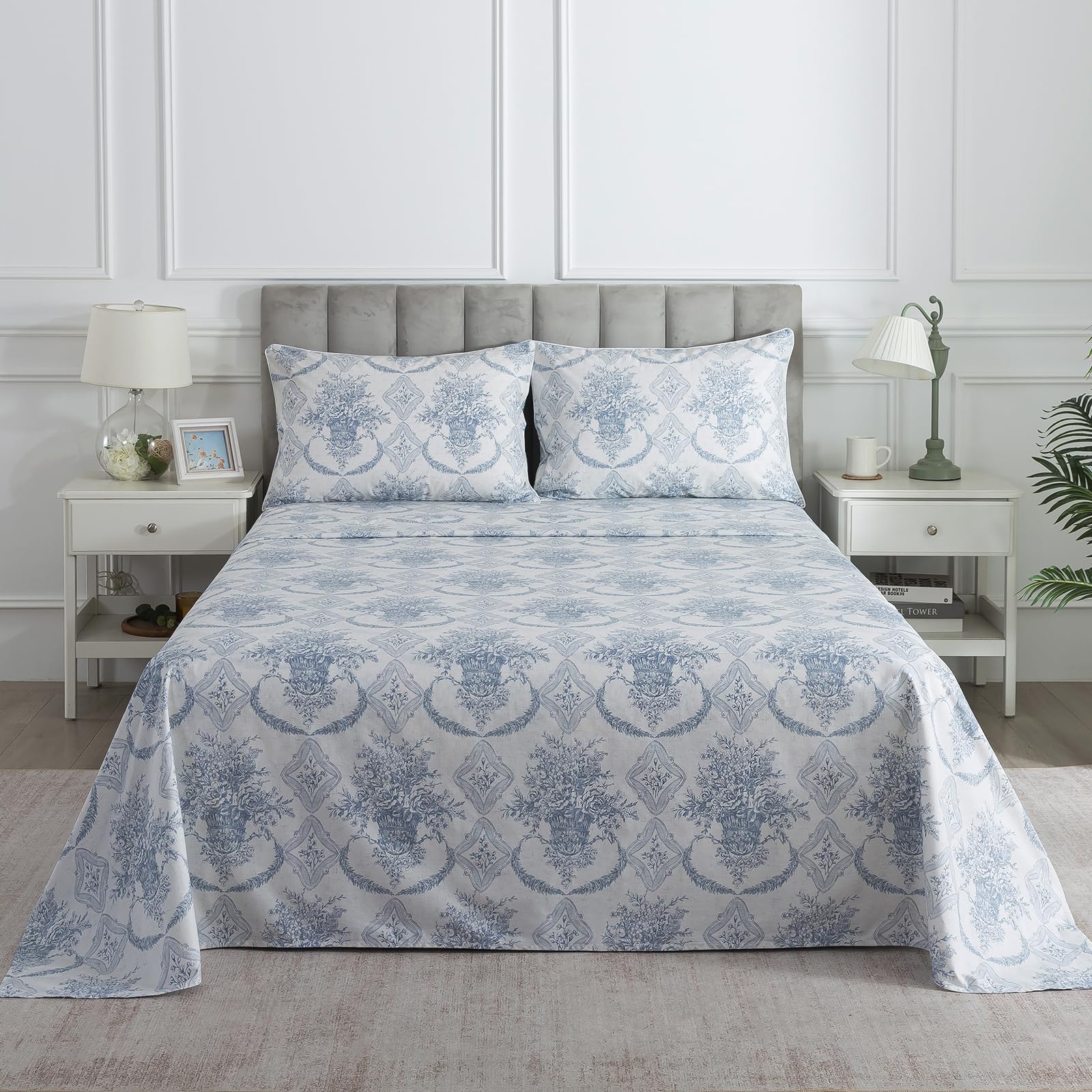 Blue-Grey Floral Boho Sheets, Queen 100% Cotton Percale Cream White Vintage Sheet Set, Shabby Flower Chic Deep Pocket Cozy House Bed Sheets, Soft Crisp Designer Luxury Toile Bedding, 4Pcs