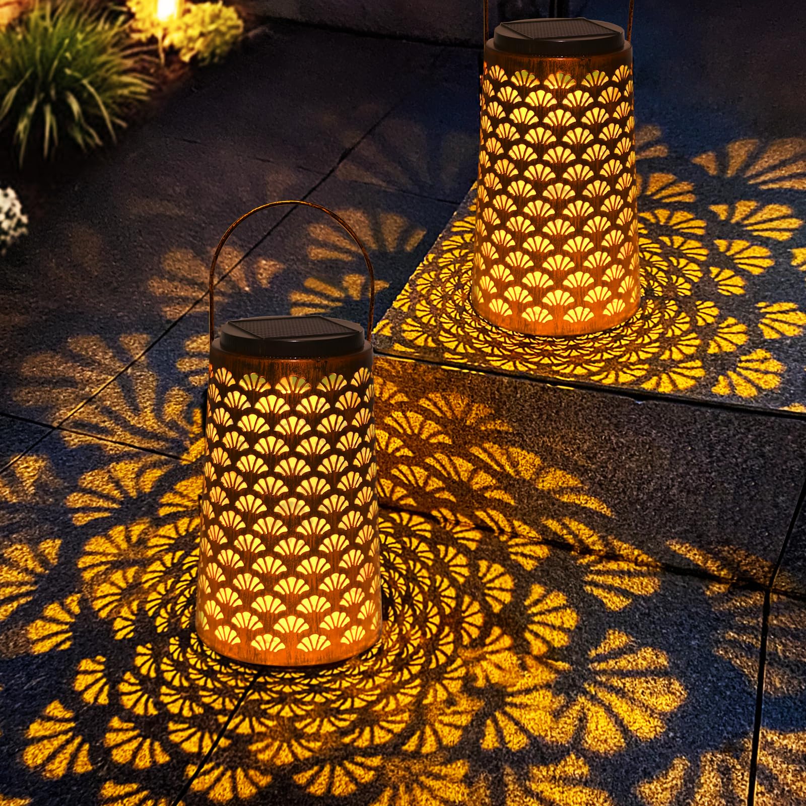 OUSFOT Lanterne Solari da Esterno 2 Pezzi, Due Modalità di Illuminazione Lanterne Solari da Giardino, Impermeabile Luci solare per Terrazza, Patio, Tavolo, Festa, Decorazione Orientale della Casa