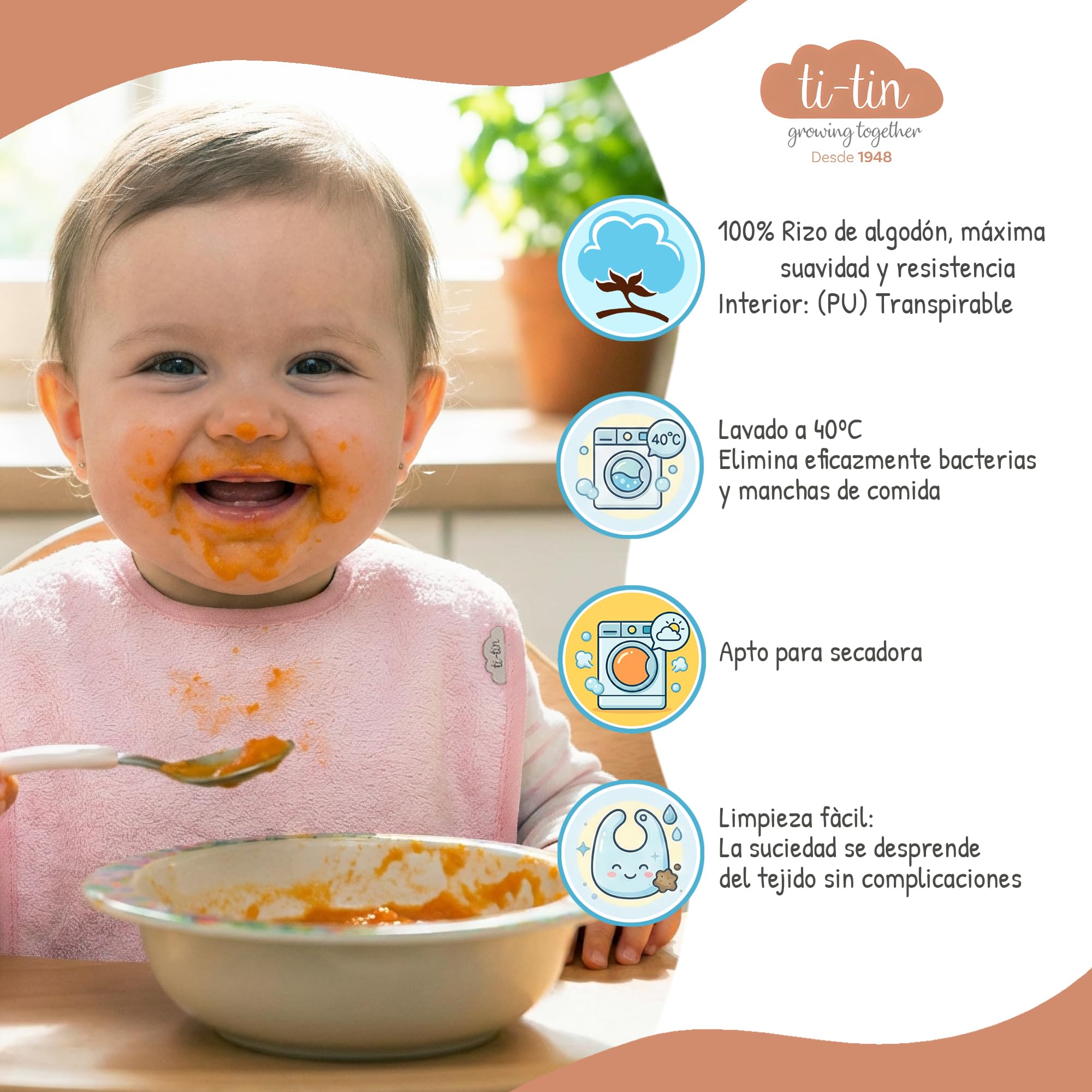 Ti TIN Pack 5 Baberos Bebé Impermeables y Absorbentes - 6 a 12 Meses - Ideal Guardería con Goma Elástica y Rizo de Algodón Extra Suave