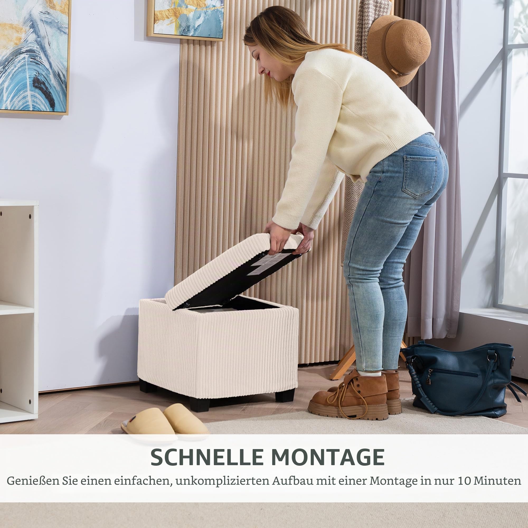 HOMCOM 40 cm quadratische Ottomane Aufbewahrungsbox mit abnehmbarem Deckel, gepolsterter Cord-Fußhocker, Fußstütze für Wohnzimmer, Schlafzimmer, Eingangsbereich, Beige