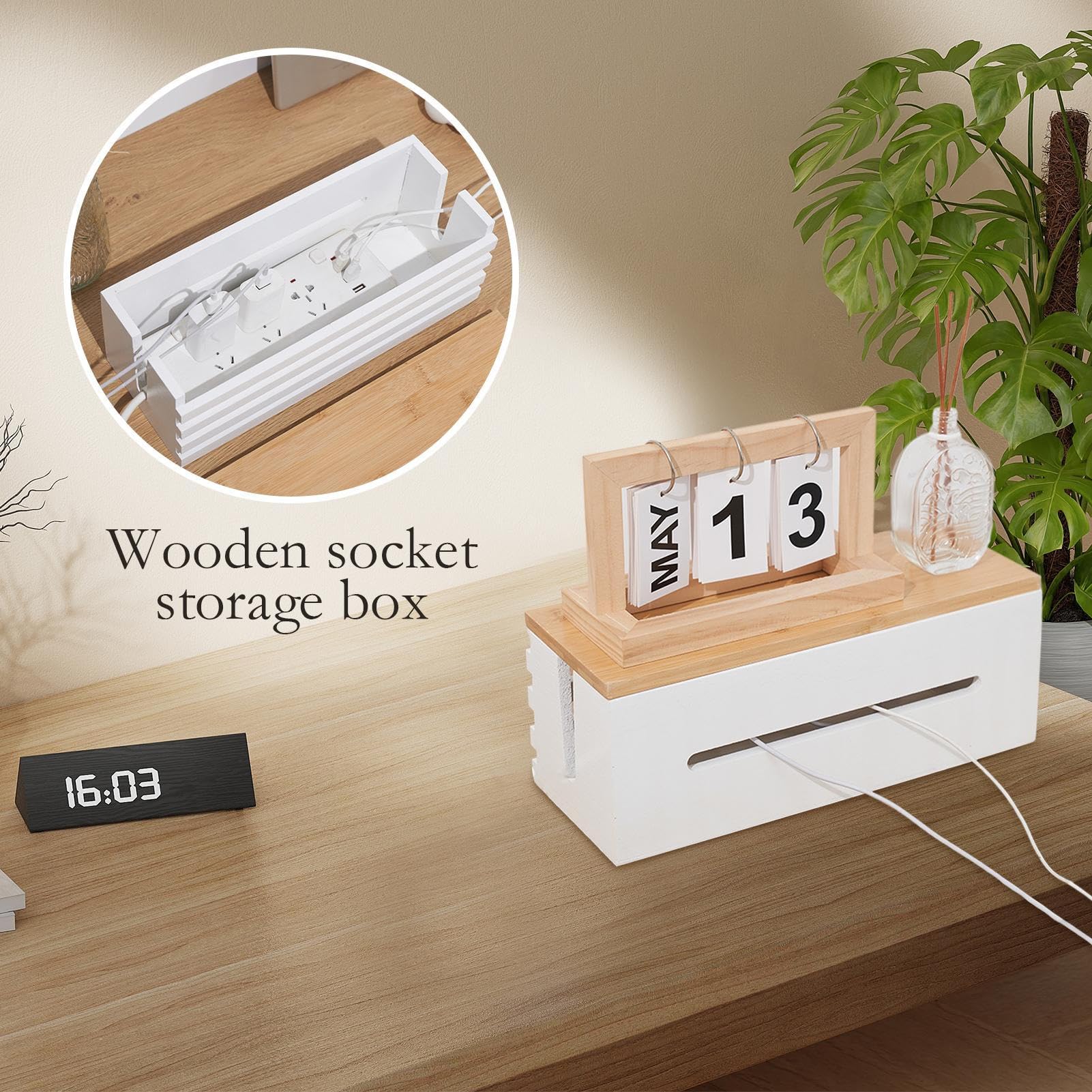 Kabel-Organizer-Box aus Holz mit Deckel, Schreibtischkabel-Aufbewahrungsablage zum Verstecken von Steckdosenleisten und Ladegeräten, Drahtmanagement-Lösung für Küchentheke, Büro, Wohnzimmer oder