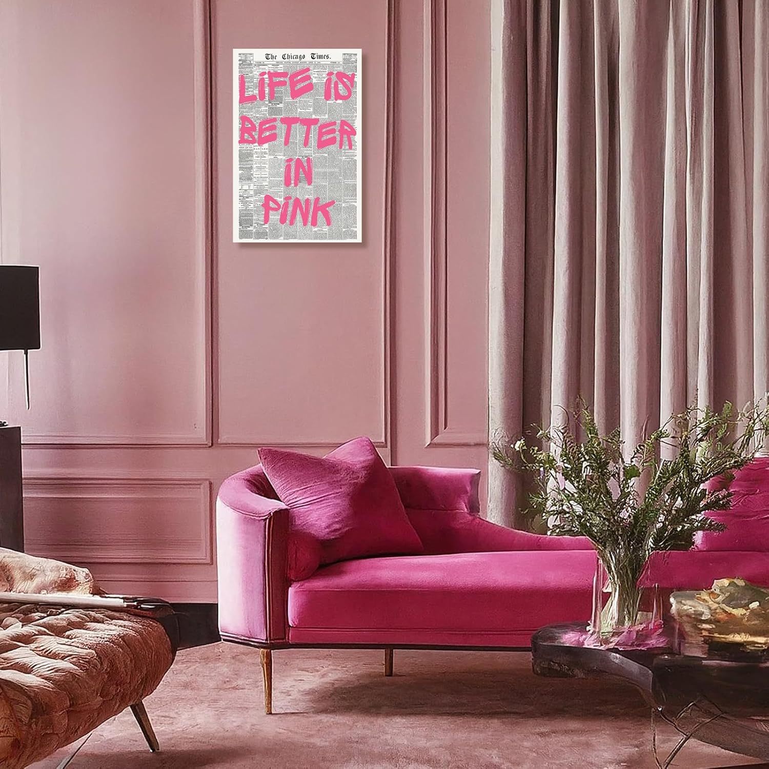 Life Is Better In Pink Quote Poster Vintage Pink Font Newspaper Canvas Wall Art Positive Affirmations Motivational Prints Painting For Home Bedroom Dorm Wall Decor 24x36in Unframed