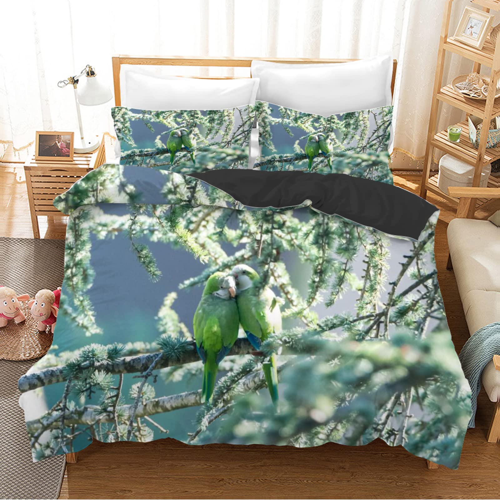 Housse de Couette 140x200 Oiseau Vert Clair avec 2 Taies d'Oreiller 65x65