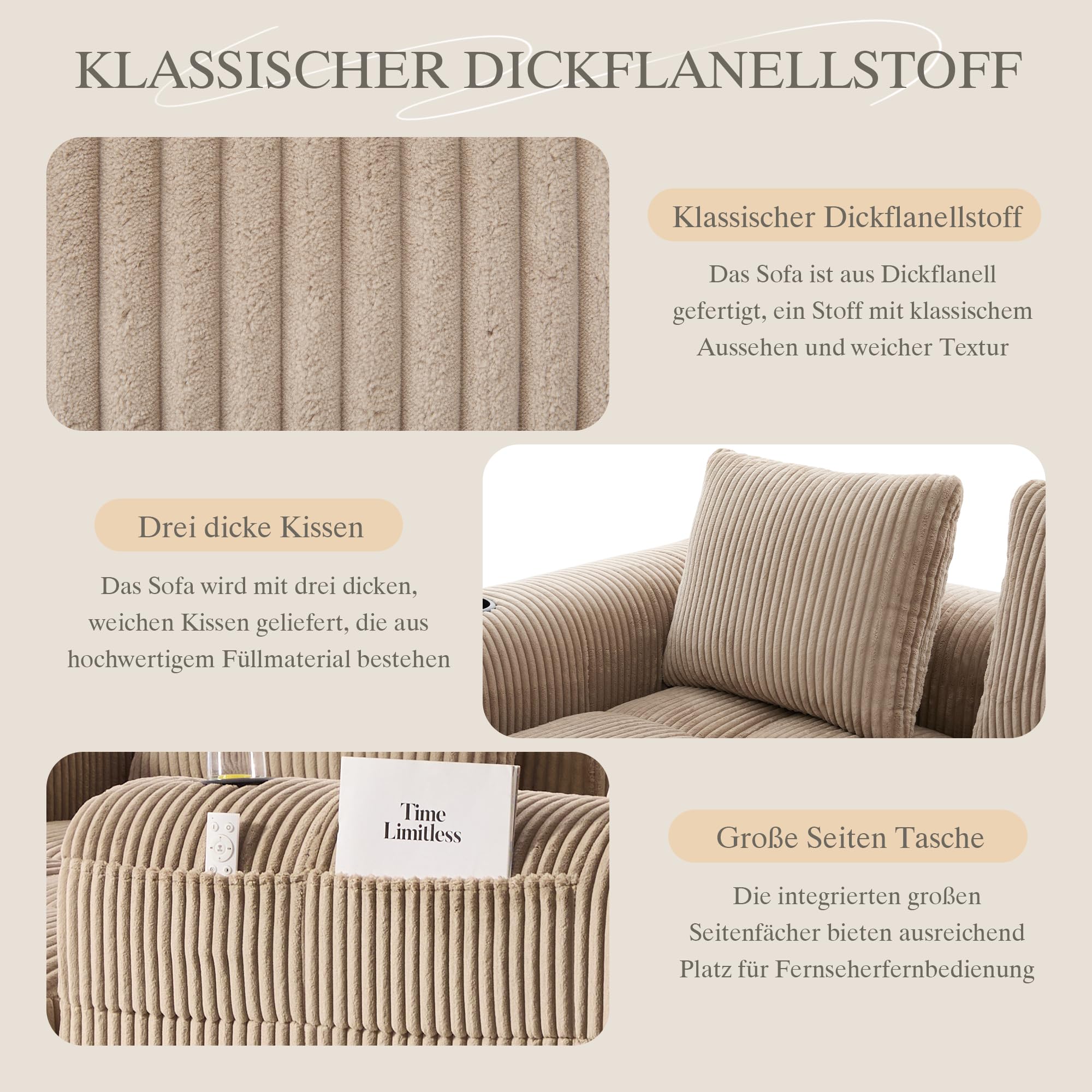 Soweiz Sofá compacto de pana – Sofá modular suave con bolsillo lateral y soporte para bebidas, comodidad para sentarse durante mucho tiempo, incluye 3 almohadas. Para salón, estudio y más (caqui)