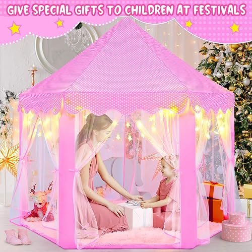 Miniatura 4 de KIXINWA Tienda de campaña de princesa para niñas, castillo para niños, tienda de campaña hexagonal de hadas con luces LED de estrellas pequeñas,