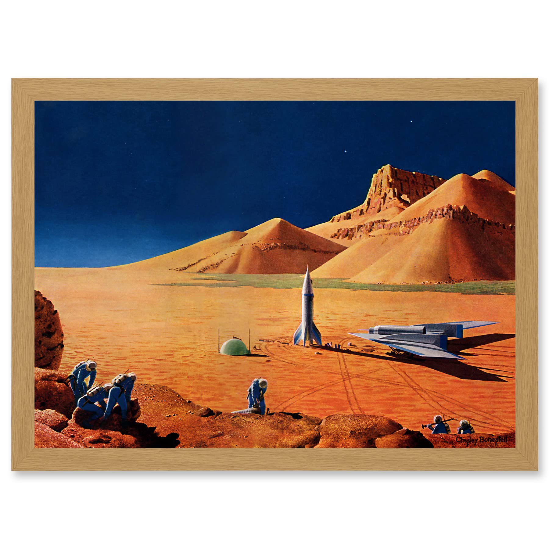 Artery8 Science Fiction Landscape Desert Space Ship Rocket Plane Mars Sci-Fi A4 Artwork Framed Wall Art Print