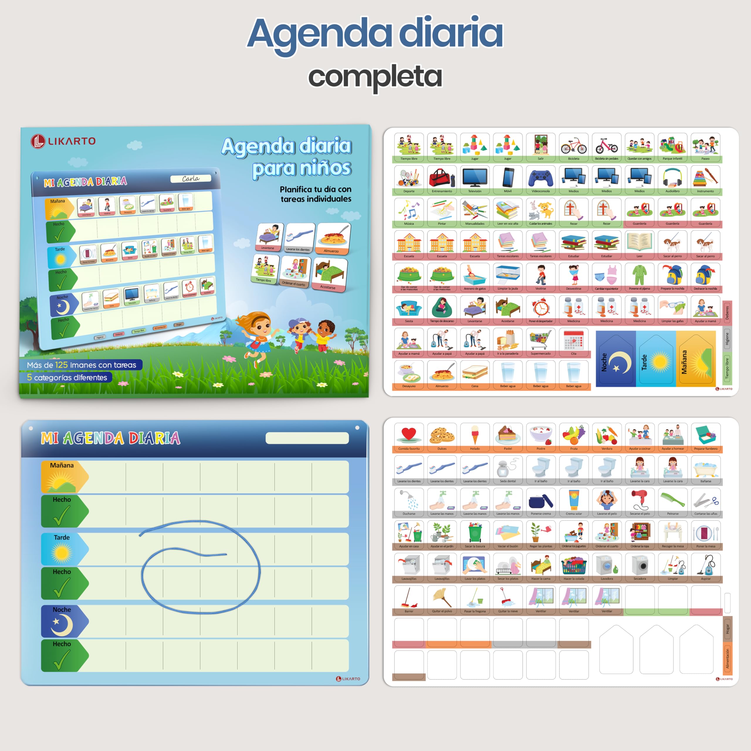 LIKARTO Agenda diaria para niños - Pizarra magnética planificador de Montessori con 152 imanes y cordón - Se puede escribir y borrar completamente - Aprende las rutinas diarias