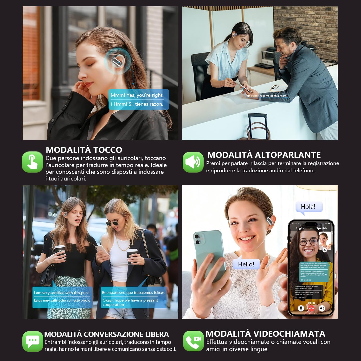 AI Cuffie Traduzione 4-in-1 in 188 Lingue Bluetooth 6.1 Auricolari Cuffiette Traduttore Istantaneo Vocale,Open Ear 60 ore Cancellazione Rumore ENC,IPX7 Traduttori Istantanei Vocali per Affari, Viaggi