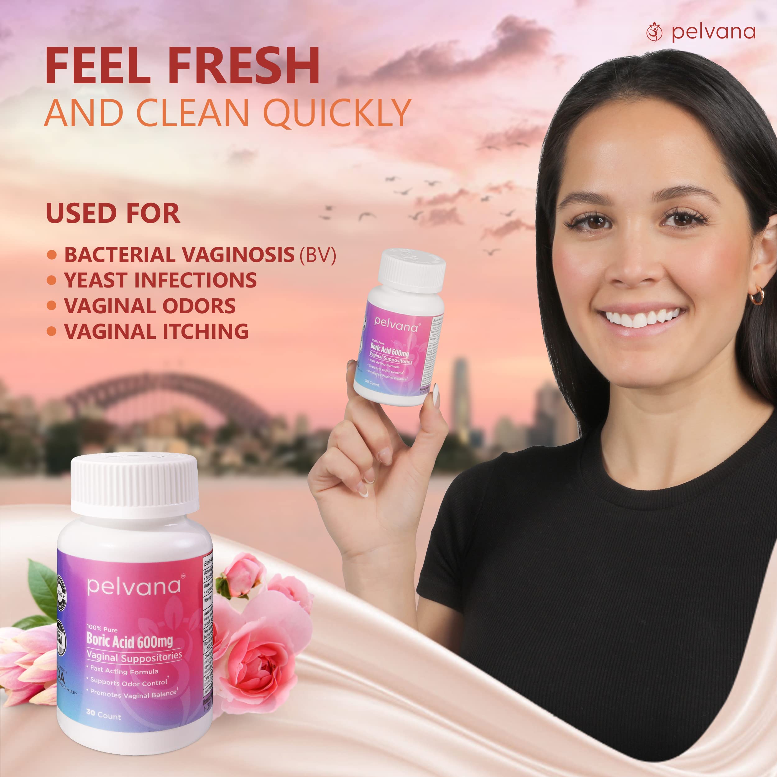 Pelvana Boric Acid Suppositories 30 + 7 Applicators + 10 Test Strips