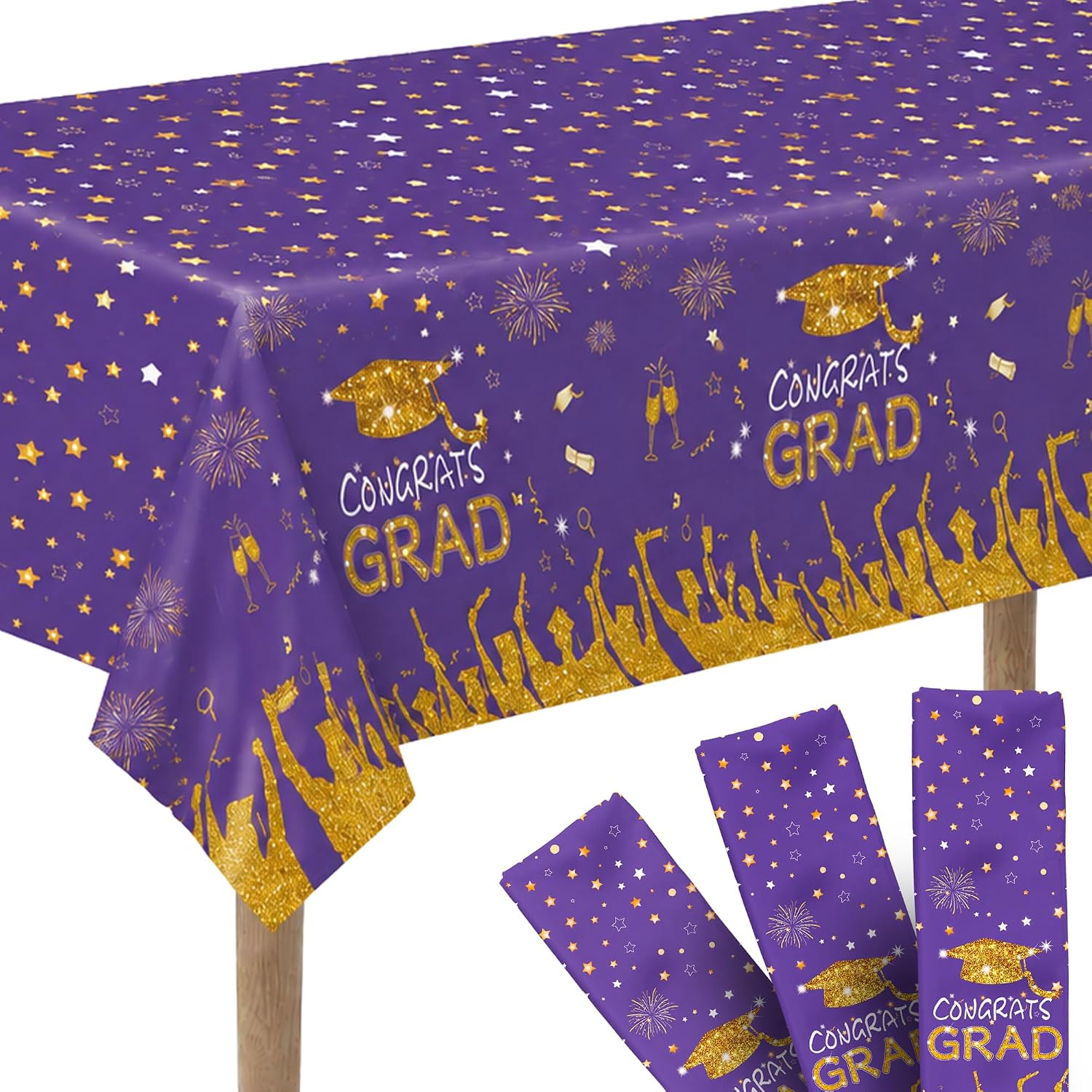 KatchOn, Purple and Gold Graduation Tablecloth - XtraLarge 108x54 Inch, Pack of 3 | Congrats Grad Tablecloth for Graduation Decorations 2026, Purple and Gold 2026 Graduations Party Decorations
