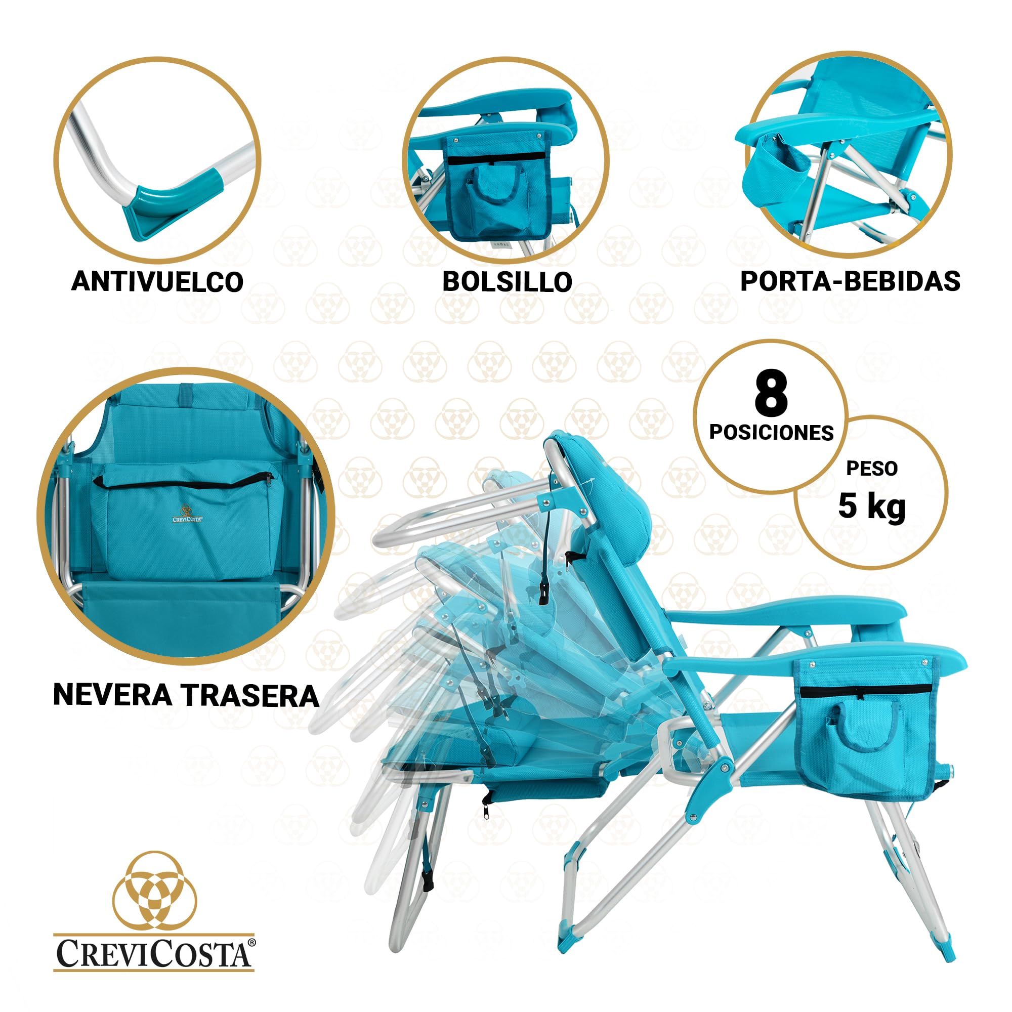 CREVICOSTA QUALITY MARK MARCAS DE CALIDAD - Nautilus 2108 - Silla de Playa Plegable con Nuevo cojín ergonómico y Nueva Nevera incorporada. 8 Posiciones (Turquesa)