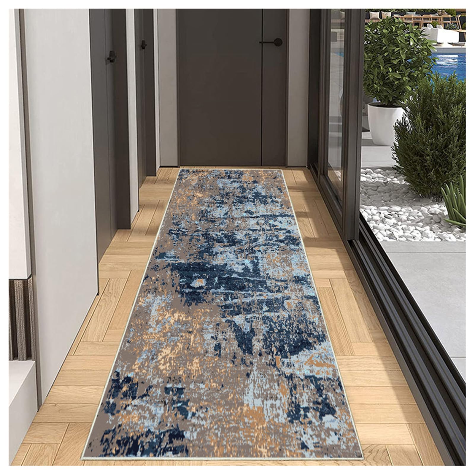 Tapis Couloir Brun/Noir Long 90x200cm - Tapis Cuisine Lavable Antidérapant Absorbant - Tapis de Passage Style Moderne Motifs Abstraits pour Salon, Chambre, Devant Évier, Bureau, Entrée
