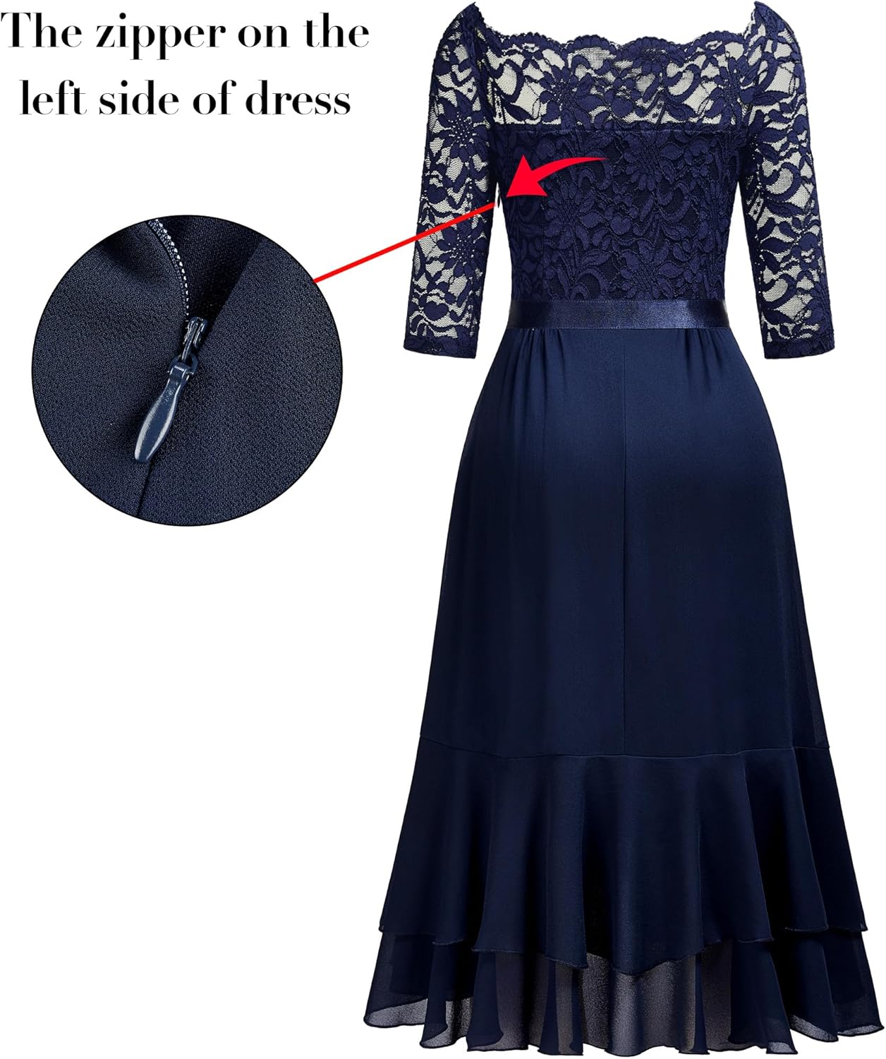 Miusol Women's Off Shoulder Elegant Floral Ruffle Half Sleeve Lace Contrast Chiffon Party Dress - Image 4