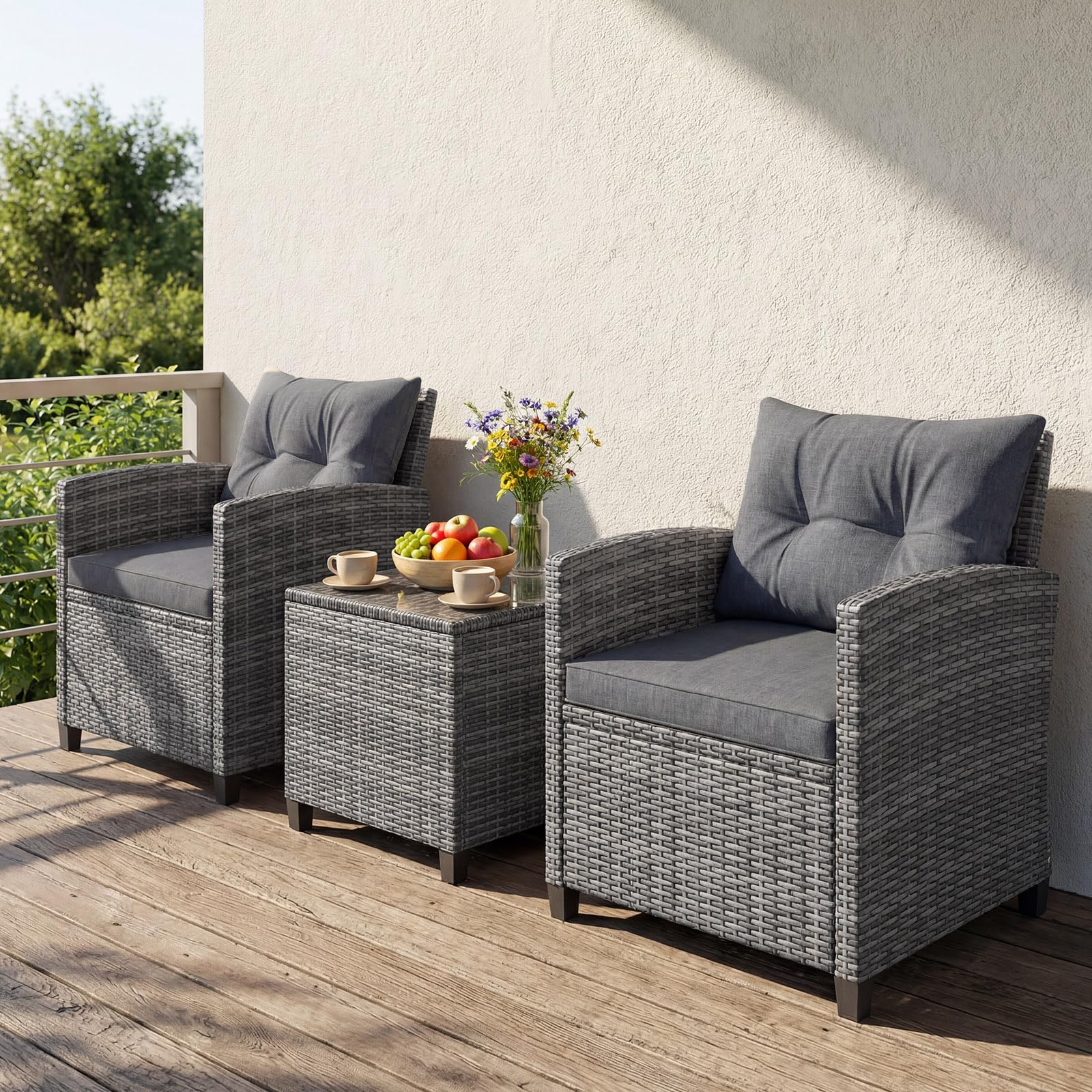GIANTEX Set Mobili da Giardino in PE Rattan, Set di Conversazione con 2 Poltrone con Cuscini Morbidi, 1 Tavolino con Piano del Tavolo in Vetro Temperato (Grigio)