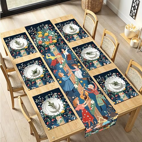 Miniatura 33 de Juego de manteles individuales y camino de mesa de muñeco de nieve y árbol de Navidad, 7 piezas (1 camino de mesa + 6 manteles individuales), diseño