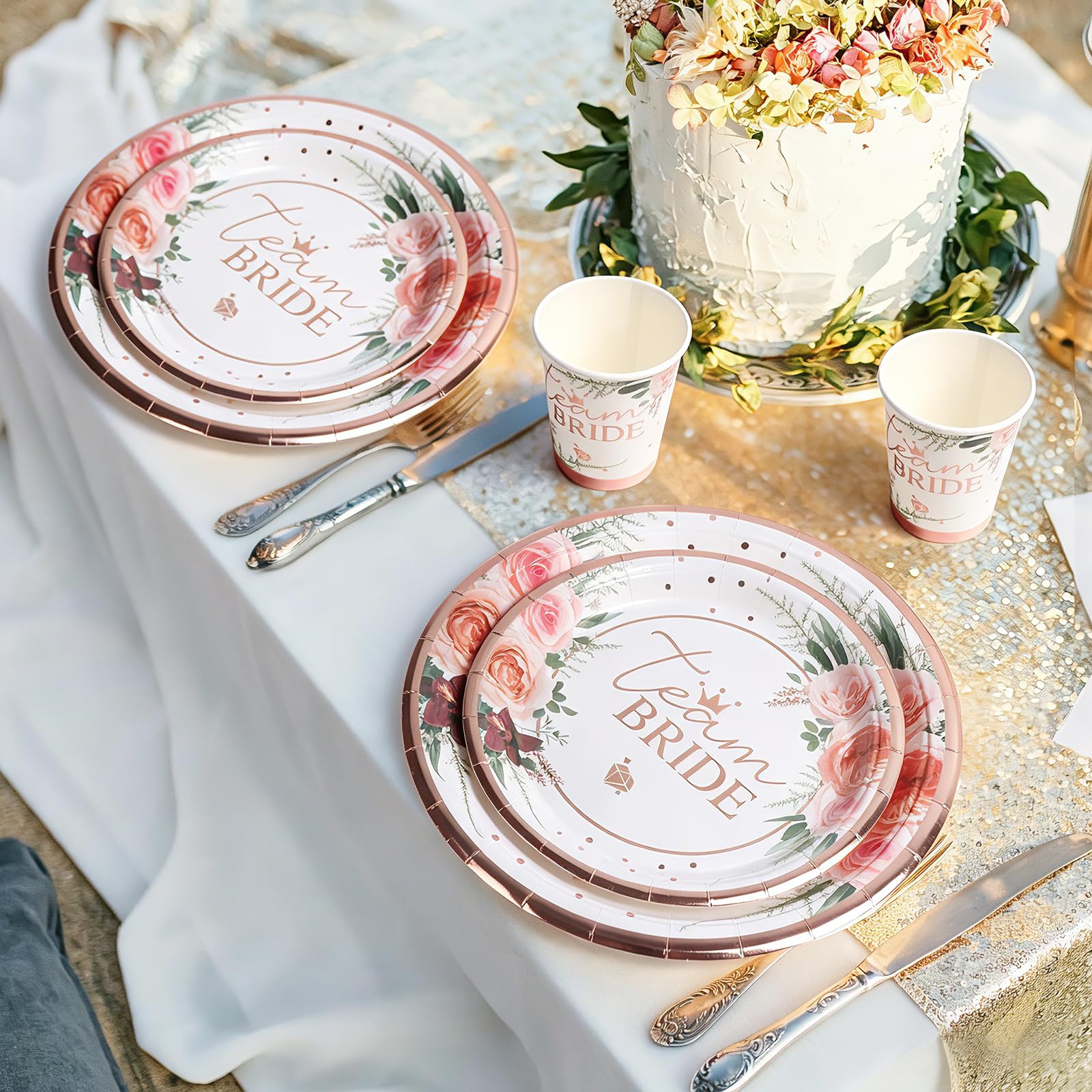 100 sztuk Team Bridal Shower Party Supplies Bachelorette papierowe serwetki serwetki kubki jednorazowe zestaw naczyń w kolorze różowego złota, prezent dla panny młodej, dekoracja na zaręczyny