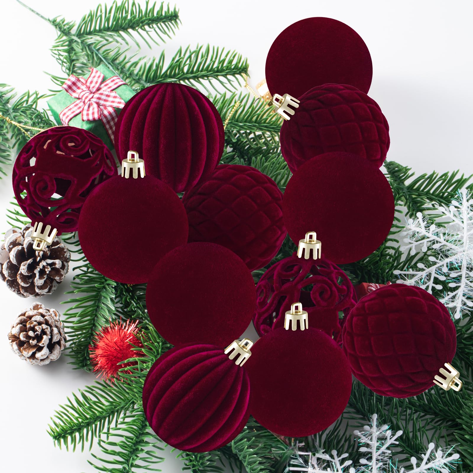 40 Pièces Boule de Noel Bordeaux Velour Boules de Noël Floquées Incassables pour Décoration Sapin de Noel,Christmas Ornaments