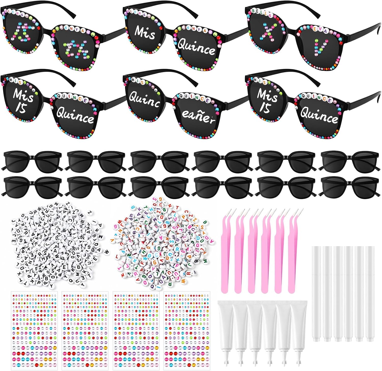 Relaxweex 24 Set Quinceañera Party Favors DIY Supplies Personalized Sunglasses Letter Beads Rhinestones Glue Tweezers and Whiteboard Markers for Quinceanera Guest Birthdays Party Gifts