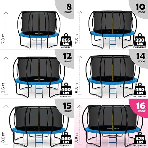 Vista 42 de JoyBerri Trampolín para exteriores - Cama elástica recreativa certificada ASTM, 8 pies, 10 pies, 12 pies, 14 pies, 15 pies, 16 pies, trampolín Negro