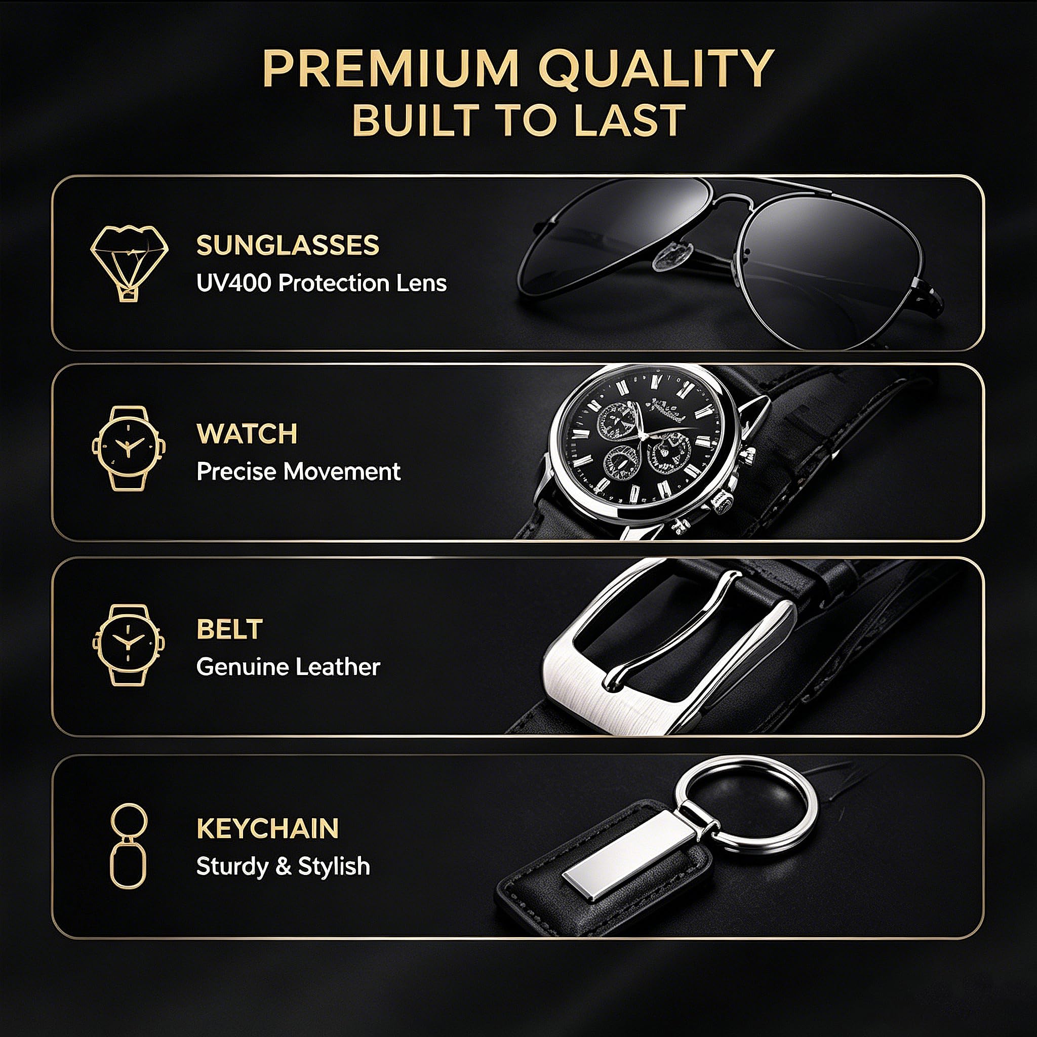 Coffret Cadeau pour Homme, Montre en Cuir synthétique, Ceinture, Porte-clés, Lunettes de Soleil, Cadeau de Saint-Valentin, Luxe, Taille Unique, Classique