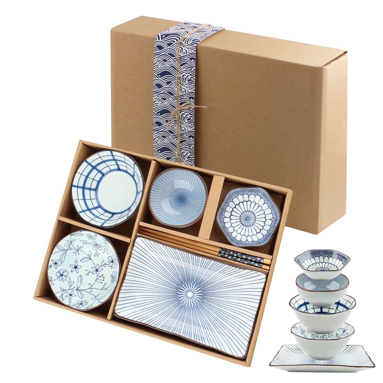 7-Piece Ceramic Dinner Set, 2 Rice Bowls, Dipping Dishes & Square Plate
