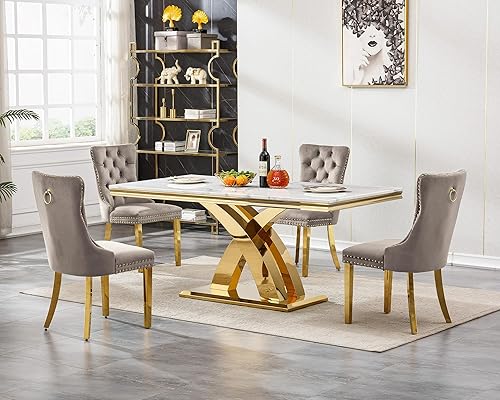 Miniatura 10 de Goujxcy Juego de mesa de comedor de mármol para 6 mesas de comedor modernas de mármol sintético de 7 piezas con 6 sillas tapizadas de terciopelo