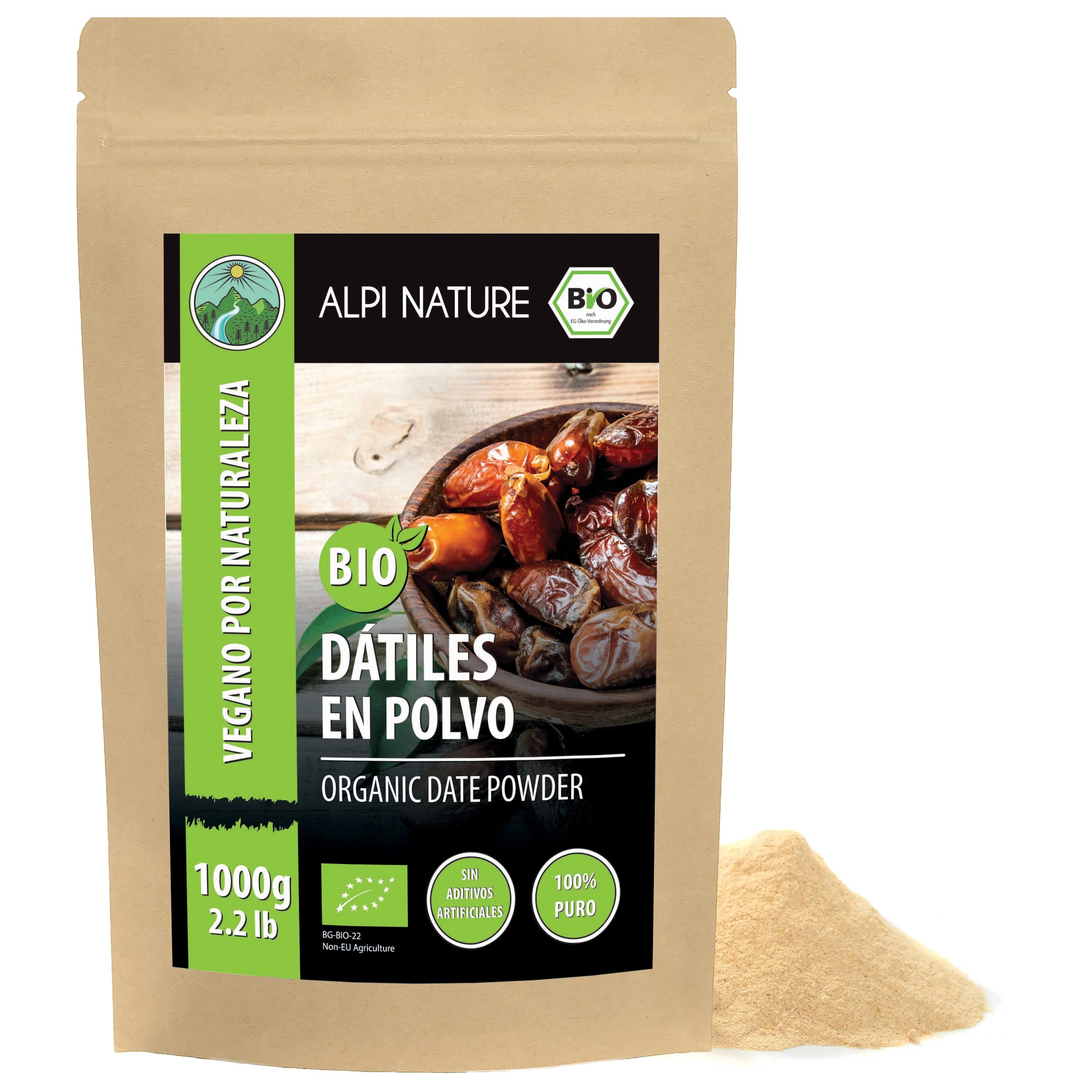 Alpi Nature Azúcar de Dátil Orgánico 1kg, Dátiles Orgánicos Molidos en Polvo, Sustituto del Azúcar