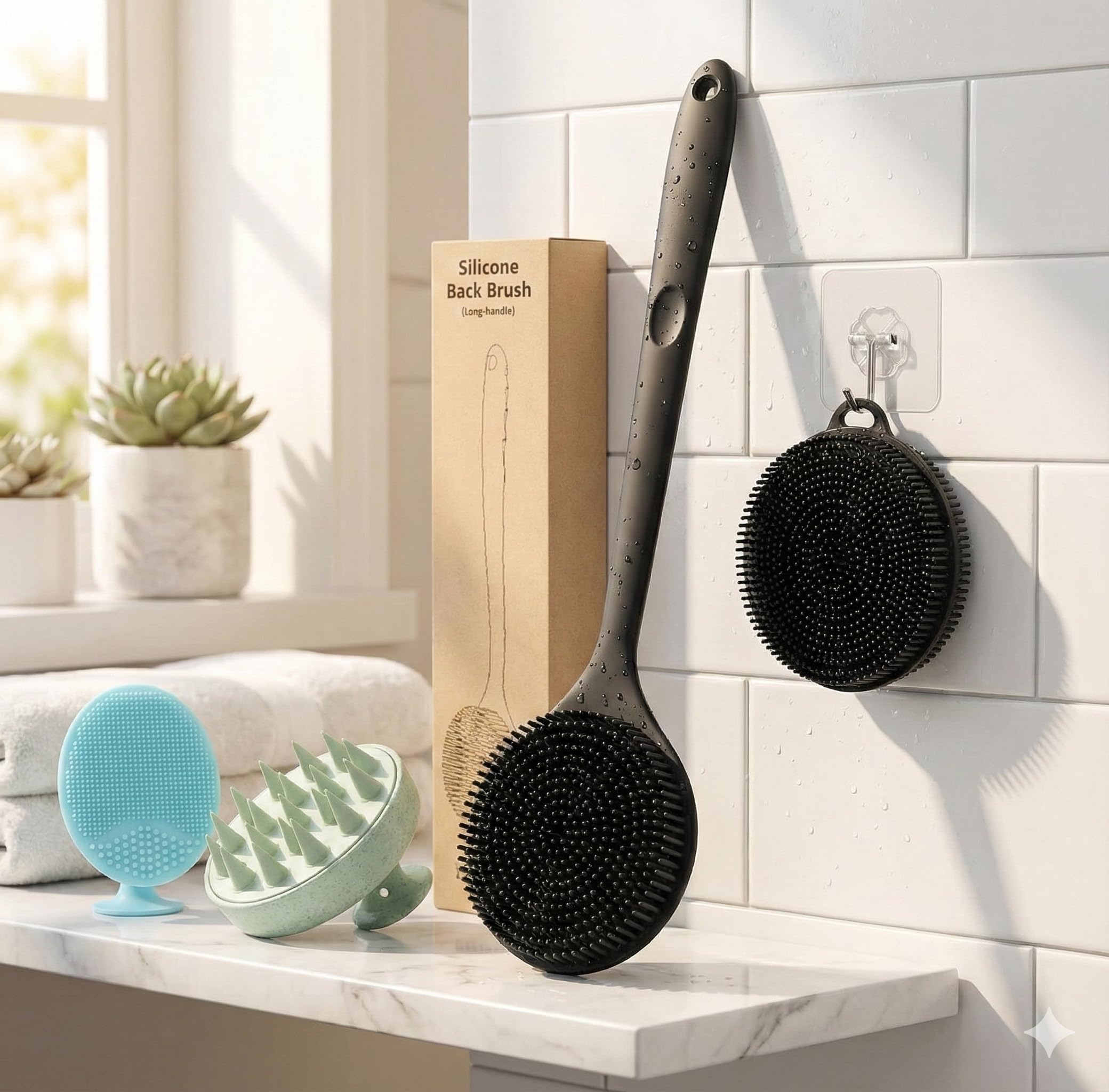 Soft Silicone Back Scrubber Long Handle Bath Brush + Body Scrubber Bath Brush + Scalp Massager for Hair + Face Scrubber Brush, Combination Combo, Super-Exfoliating & Lathering Body Scrubber, Shower Brush | BPA-Free | for Men and Women (With A Free Hook 3-pic)-image-12