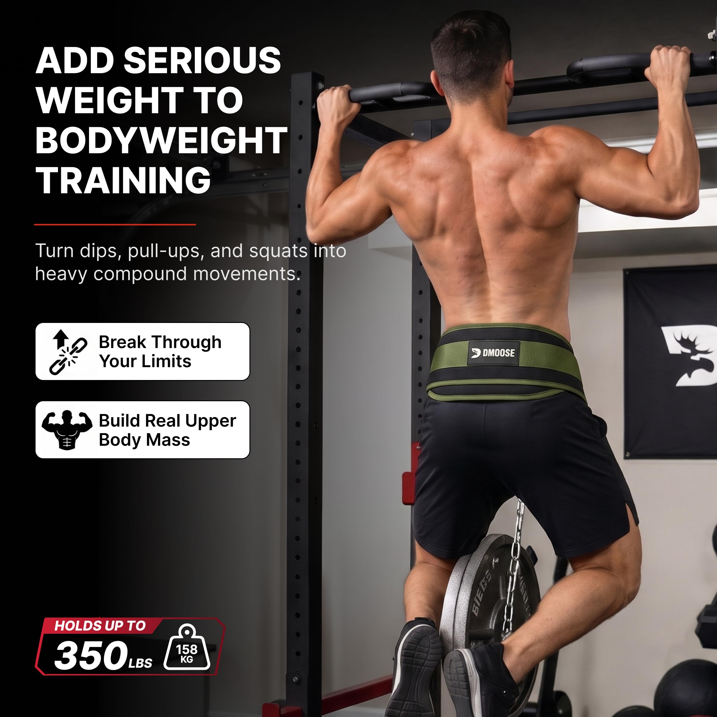 DMoose Fitness Cinturón de inmersión para levantamiento de pesas, dominadas, sentadillas y inmersiones, cadena de acero robusta de 36 pulgadas, cómodo acolchado de neopreno que soporta 350 libras