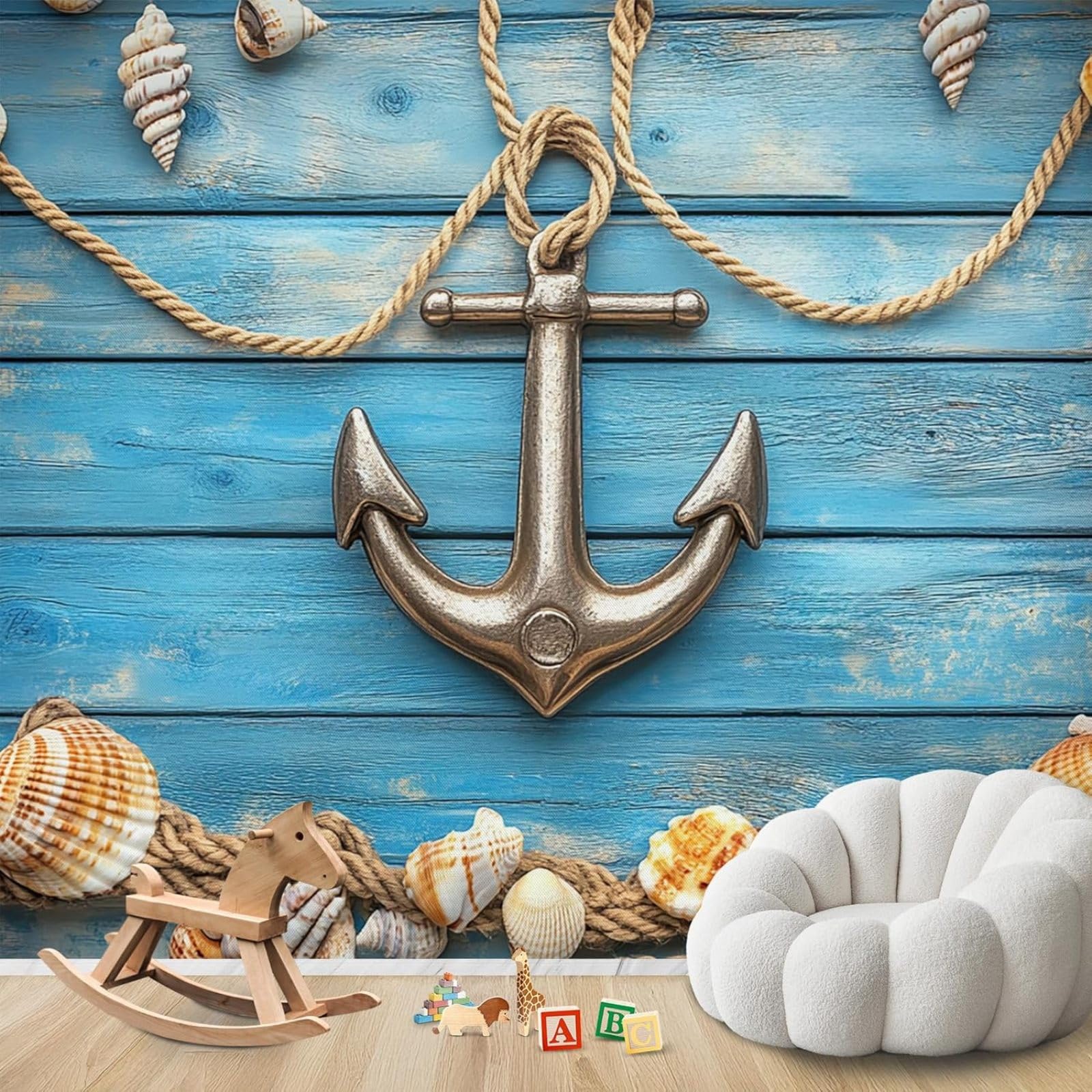 Hgjdjhnf 3D Mural Photo Mural - Wallpaper Anchor Motif Maritime Wood Effect Rope And Shells Modern Wall Living Room Bedroom Children's Room Wall Decoration Motif ,150Cmx105cm Poster - Wall Sticker - Frameless Pictur