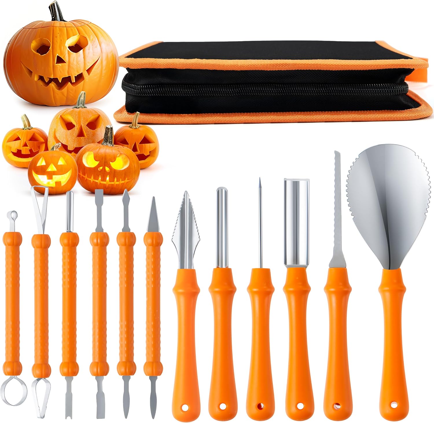 JOYIN 12 Pcs Halloween Pumpkin Carving Kit Tools, Professional Carving Set with Handbag, 12 Stainless Steel Double-sided Sculpting Tool for Kids DIY Jack-o-Lantern Party Decor Family Craft Supplies JOYIN 12 Pcs Halloween Pumpkin Carving Kit Tools, Professional Carving Set with Handbag, 12 Stainless Steel Double-sided Sculpting Tool for Kids DIY Jack-o-Lantern Party Decor Family Craft Supplies