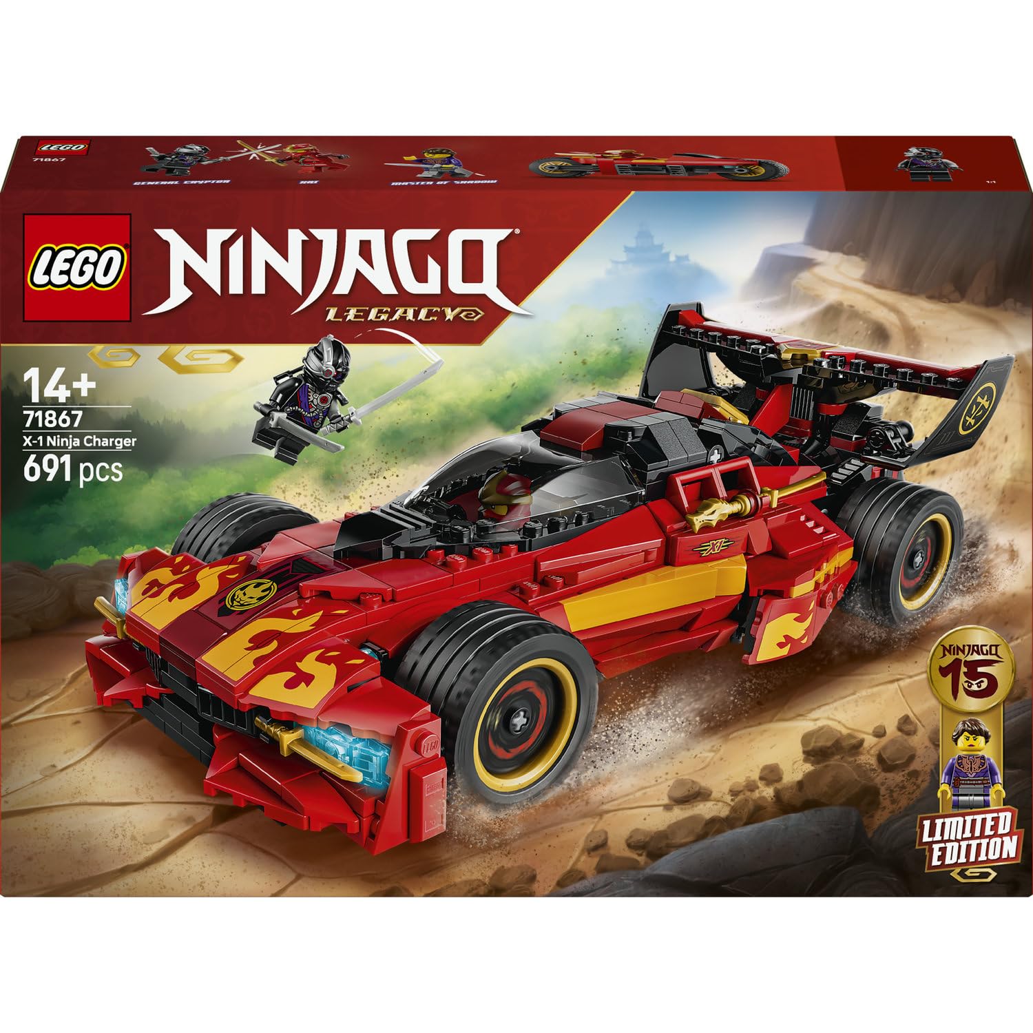 LEGO Ninjago X-1 Ninja Charger 15th Anniversary 71867 | Set for 14+ Year Old Boys, Race Car Model with Motorbike, 3 Minifigures, Sword Accessories, Nostalgic Gift Idea, 691 Pieces