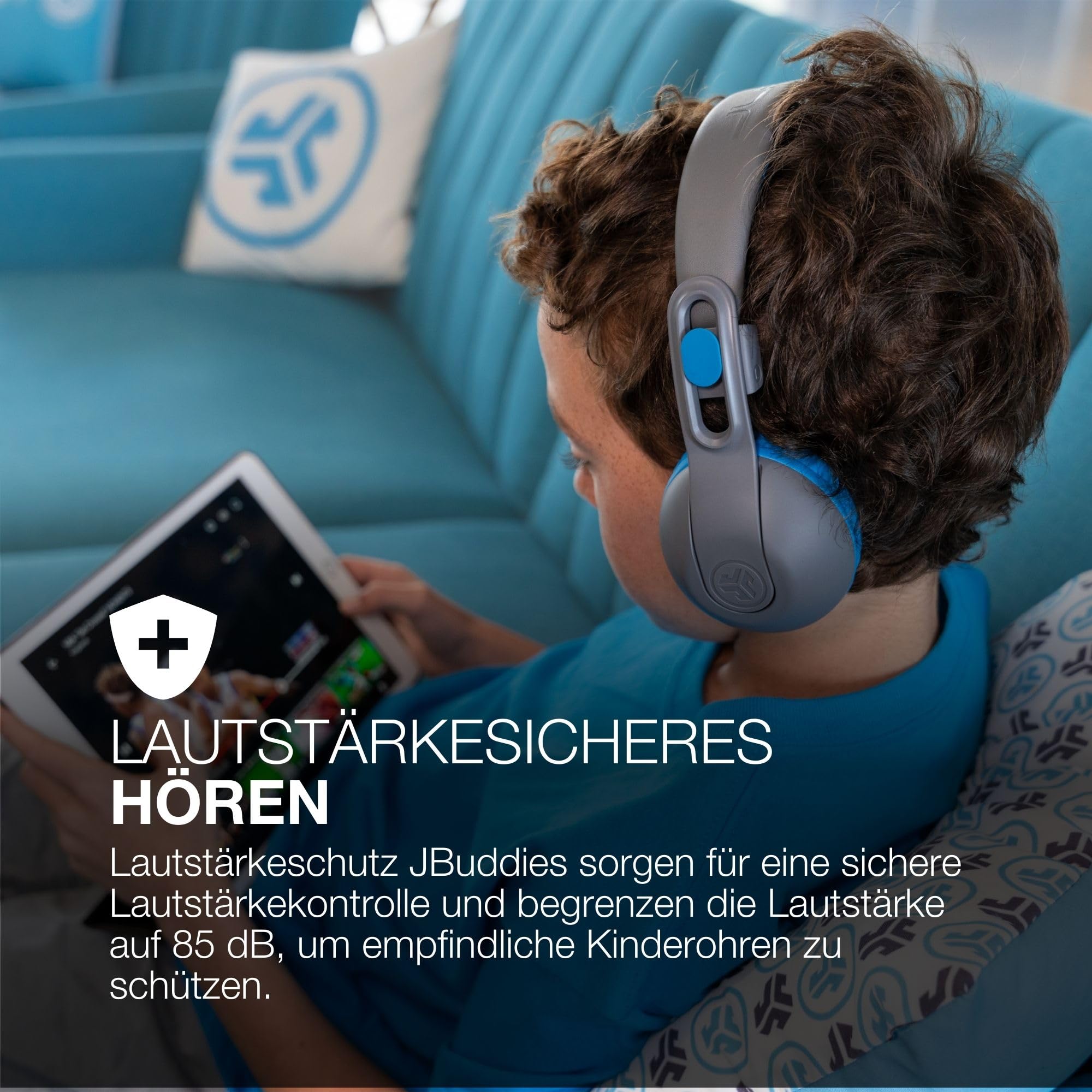 JLab JBuddies Studio 2 Kinder Kopfhörer Kabellos - Bluetooth, Grau/Blau | Over Ear Kinder Kopfhörer mit Mikrofon, Bluetooth, Kid Safe Lautstärkebegrenzung, Geräuschisolierung, kabellos