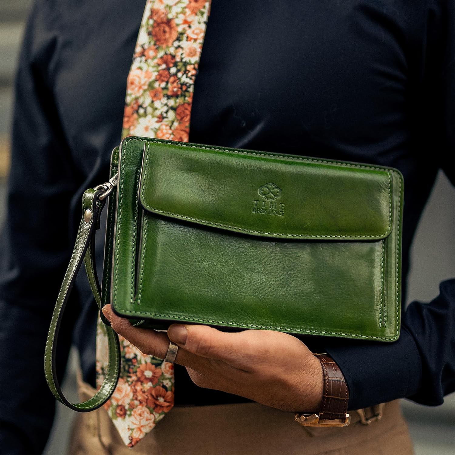 Time Resistance Leather Clutch for Men Organizer Wrist Bag Briefcase Handmade in Italy Gift Box Included