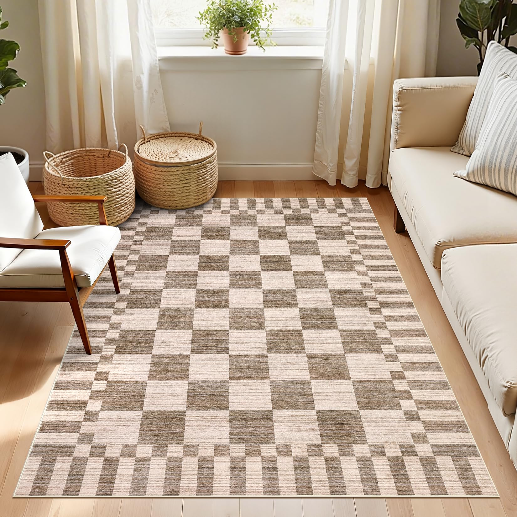 GarveeHome Brown Checkered Rug,Washable 3x5 Rug Geometric Tan Brown Print Non Slip for Entryway,Modern Soft Low-Pile,Neutral Farmhouse Checkerboard