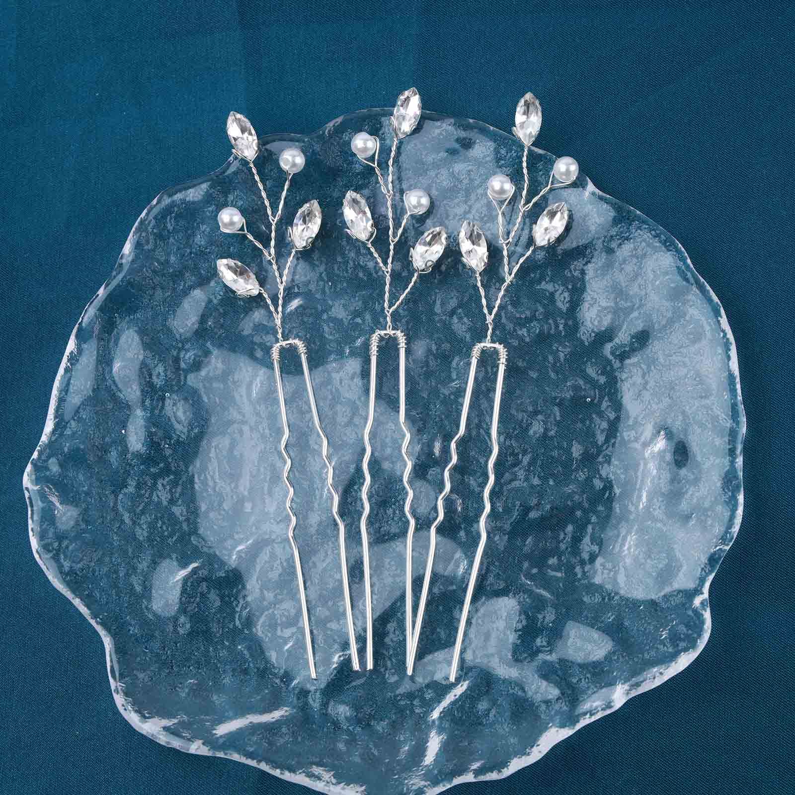 Forcine Capelli Sposa Con Perle E Strass - Accessorio Matrimonio Elegante In Argento - 3 Pezzi - Foto 10