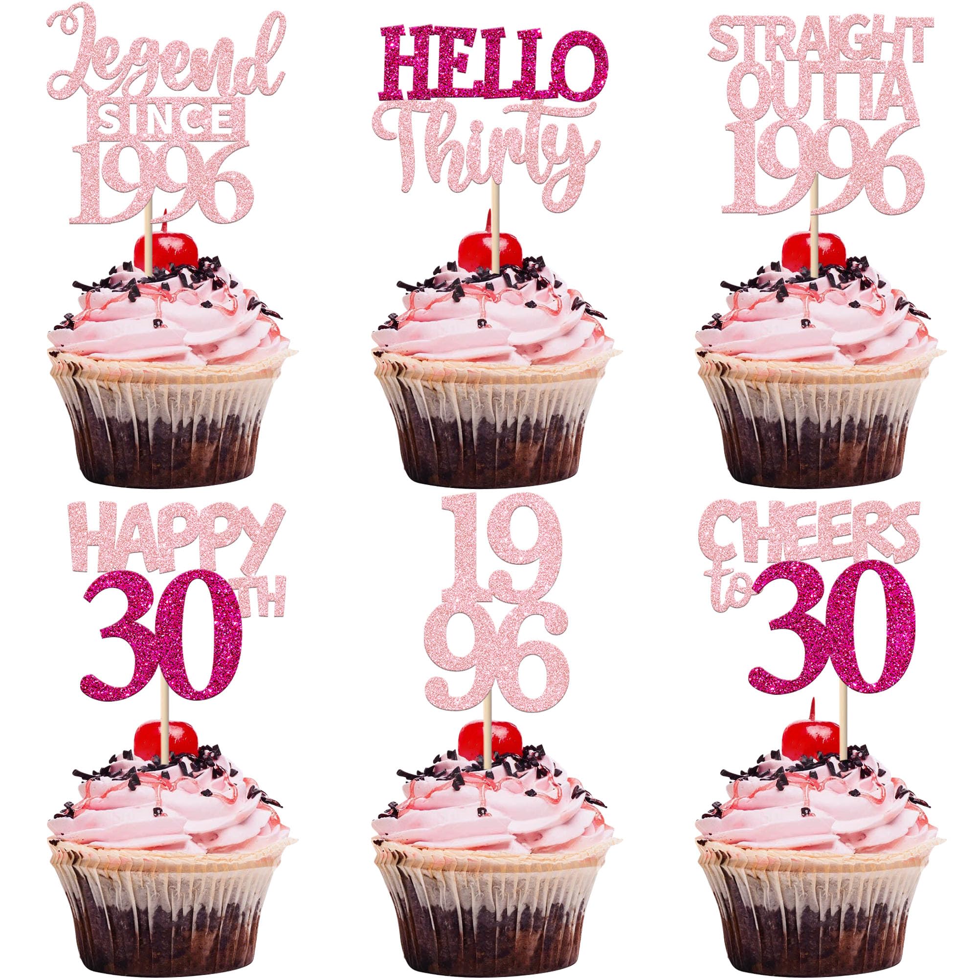 Xsstarmi 24 Pack 30th Birthday Cupcake toppers Pink Glitter Cheers to 30 years old Cupcake Picks for Hello thirty Legend Since 1996 Birthday Party Cake Decorations Supplies