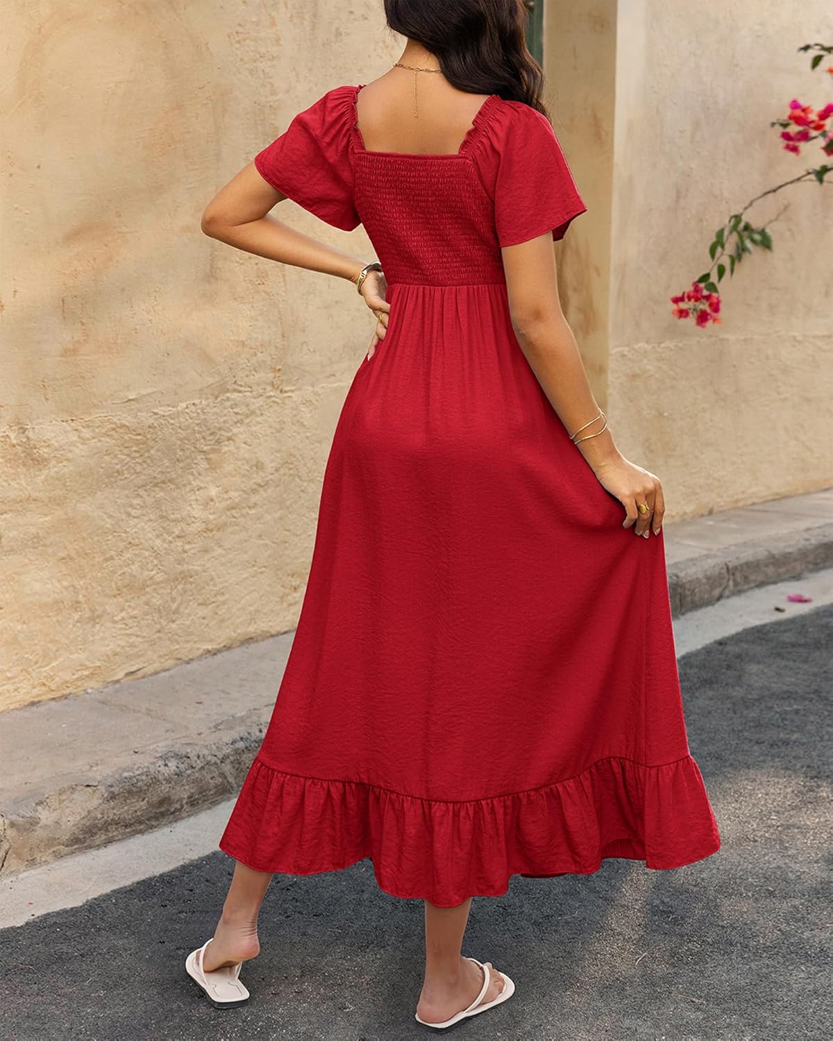 BTFBM Womens Spring Dresses 2026 Casual Short Sleeve V Neck Drawstring Wedding Guest Maxi Dresses Boho Beach Long Dress - Image 3